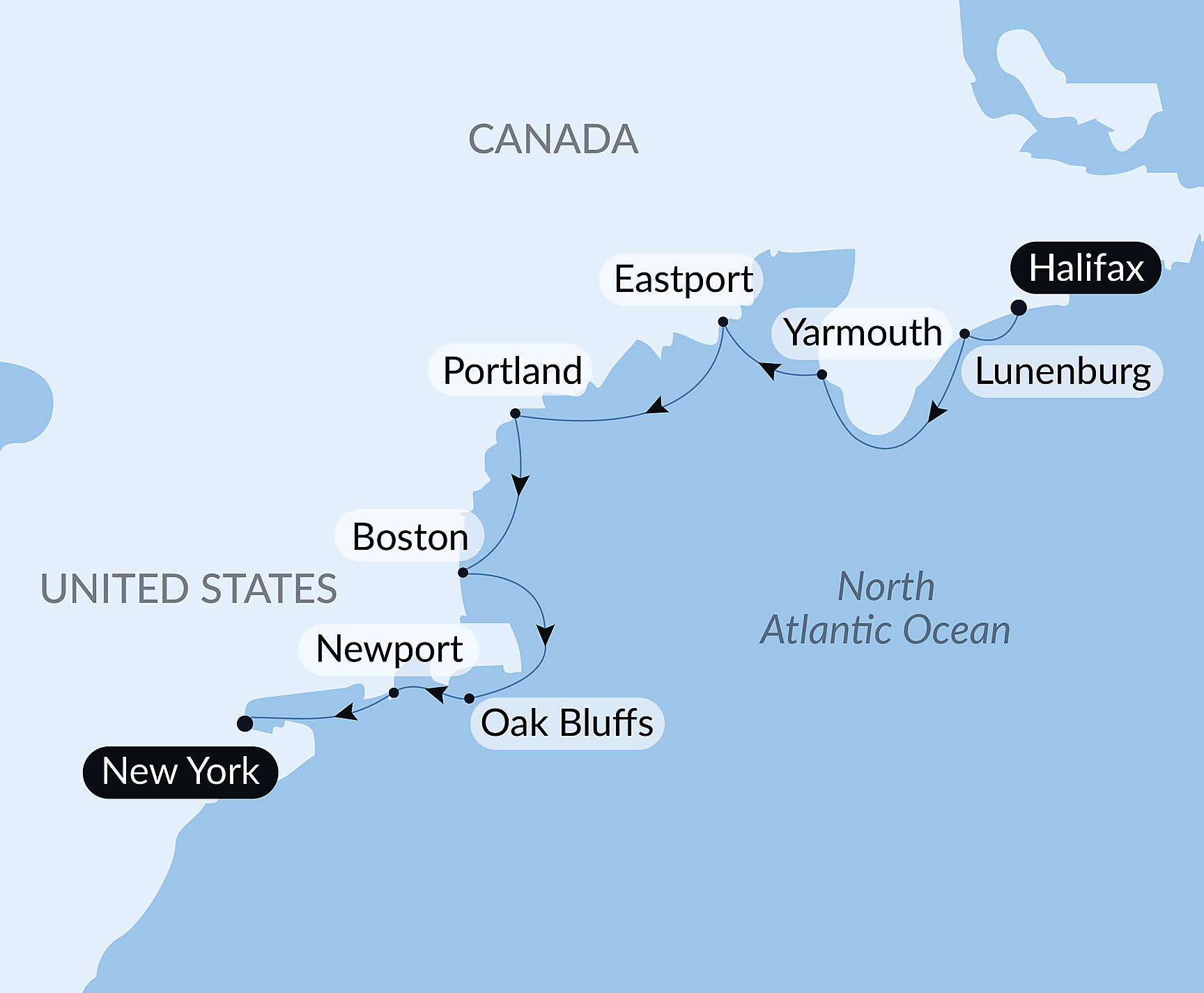 Official PONANT route map for Charm and heritage of the North American shores aboard L'Austral, Voyage AU031027
