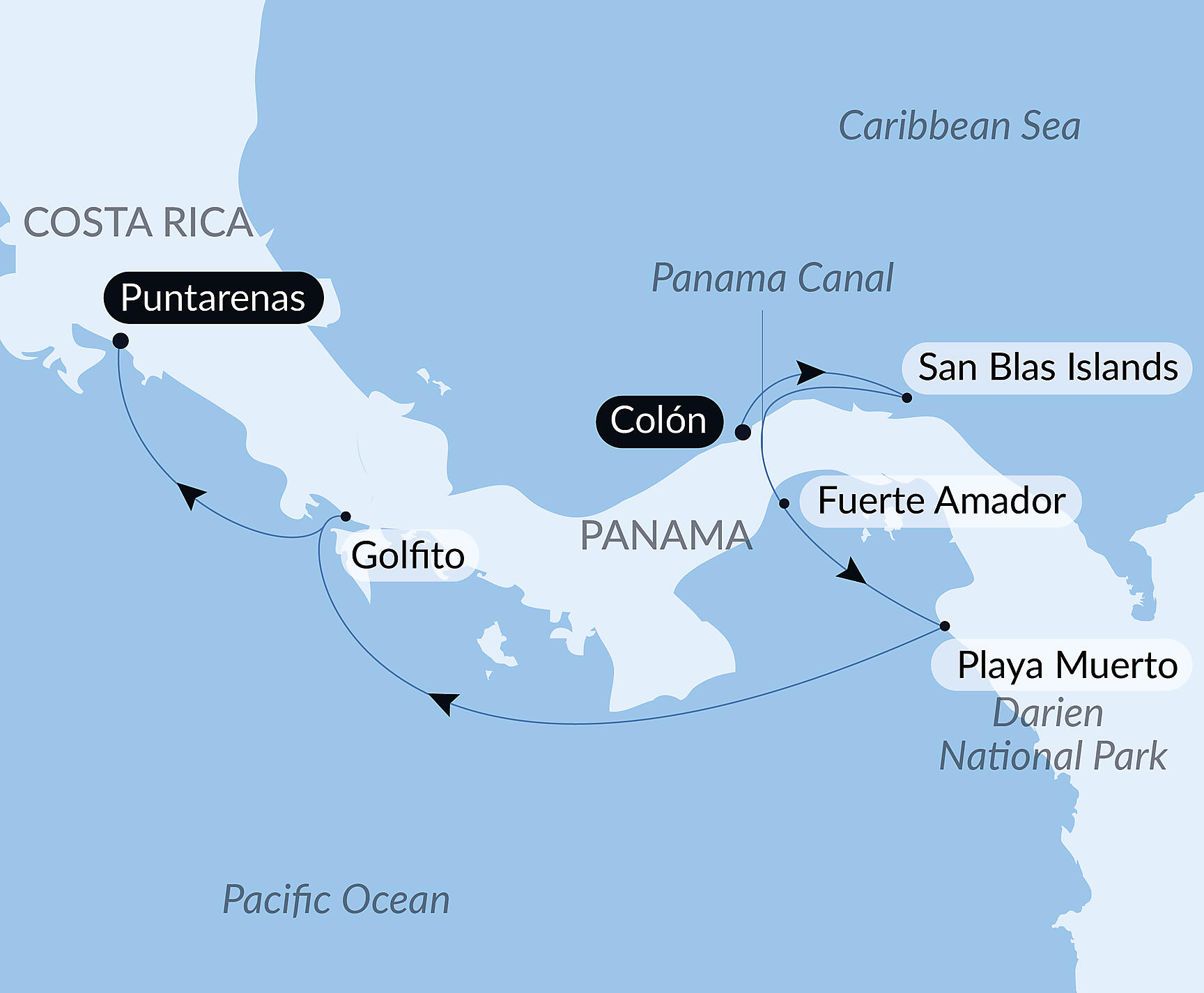 Official PONANT route map for Central America Jewels & Panama Canal aboard Le Bougainville, Voyage EG291227