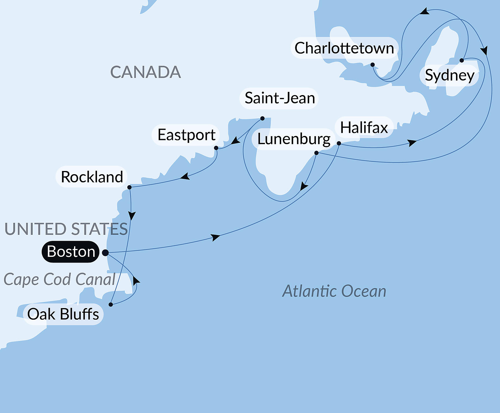 Official PONANT route map for Historic North American Shores aboard Le Bellot, Voyage EE091027