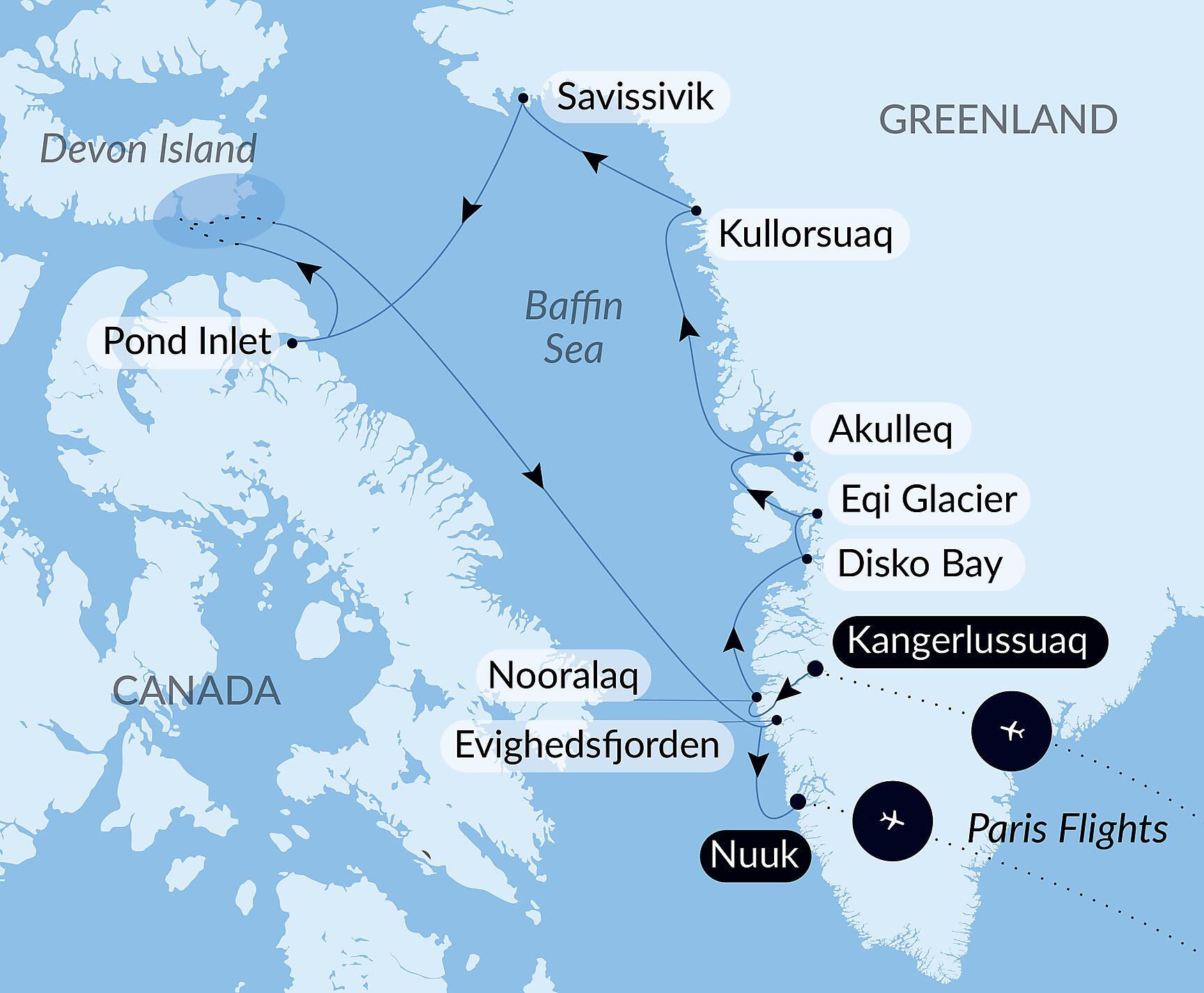 Official PONANT route map for Baffin Bay secrets aboard Le Lyrial, Voyage LY270826