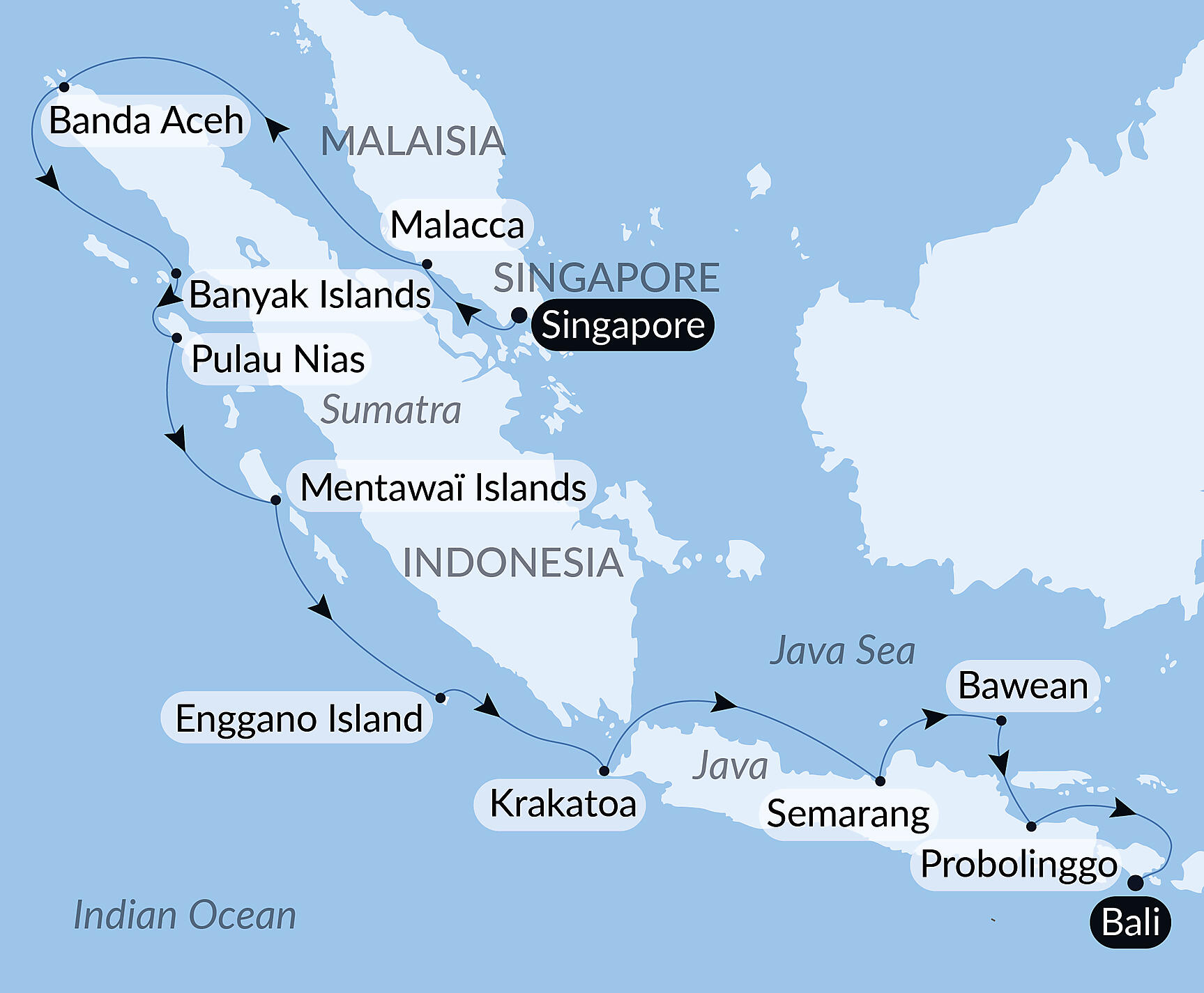 Official PONANT route map for Islands, cities and volcanoes of Indonesia aboard Le Soléal, Voyage SO010627