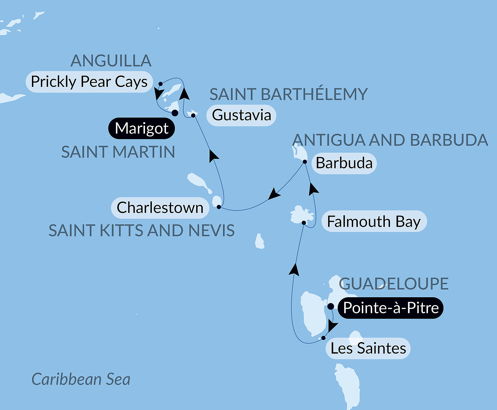 Official PONANT route map for History and culture visiting Caribbean jewels aboard Le Ponant, Voyage PO060327