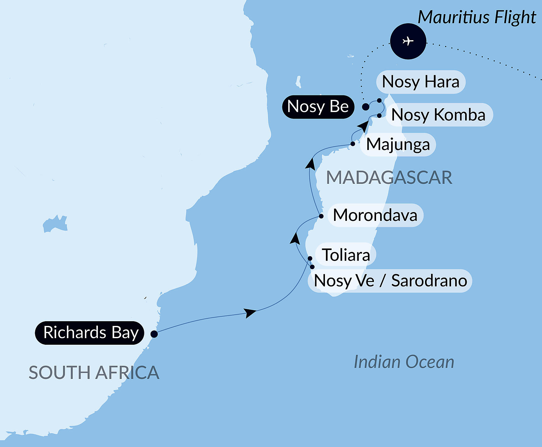 Official PONANT route map for Jewels of Madagascar aboard Le Dumont d'Urville, Voyage EU271227