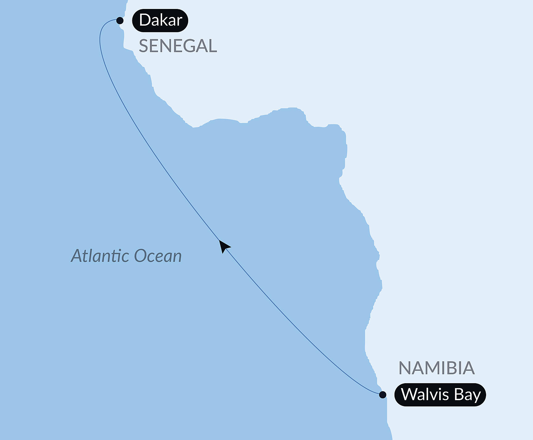 Official PONANT route map for Ocean Voyage: Walvis Bay - Dakar aboard Le Dumont d'Urville, Voyage EU120328