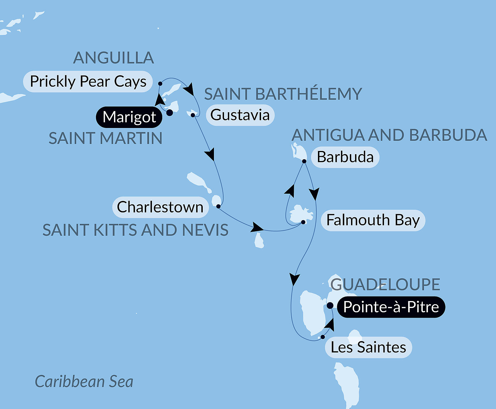 Official PONANT route map for History and culture visiting Caribbean jewels aboard Le Ponant, Voyage PO201227