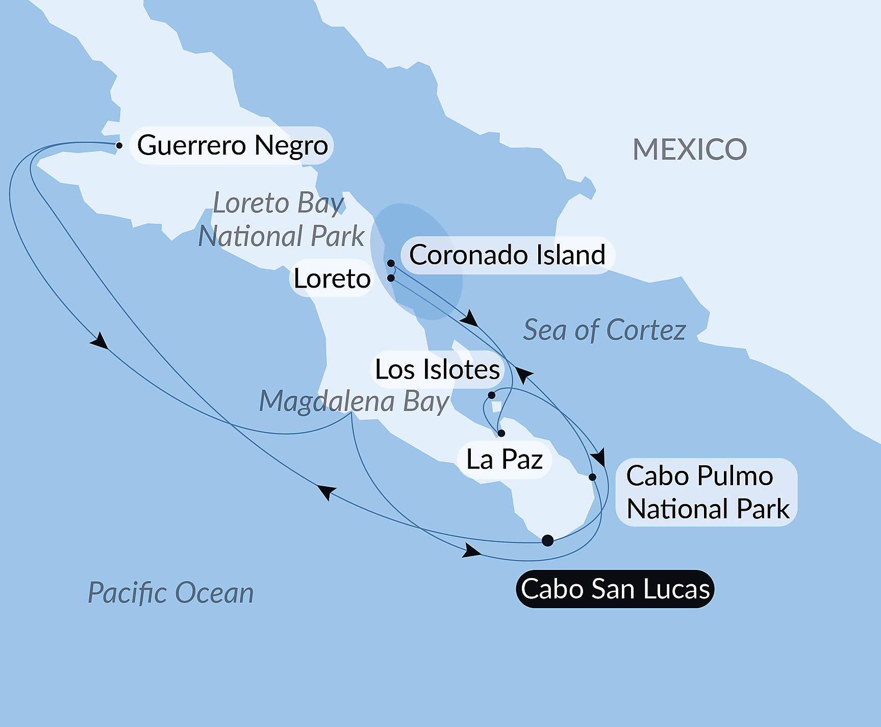 Official PONANT route map for Exploration in the Heart of Baja California aboard Le Bellot, Voyage EE040228