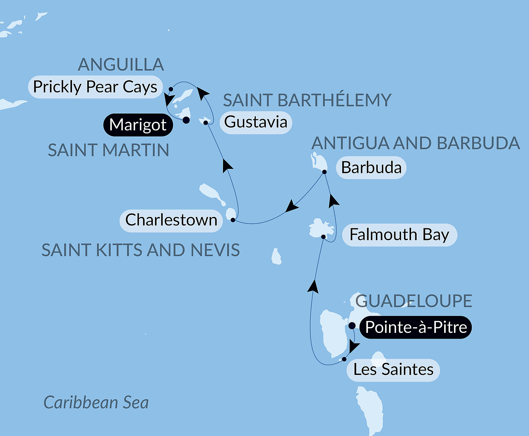 Official PONANT route map for History and culture visiting Caribbean jewels aboard Le Ponant, Voyage PO240128