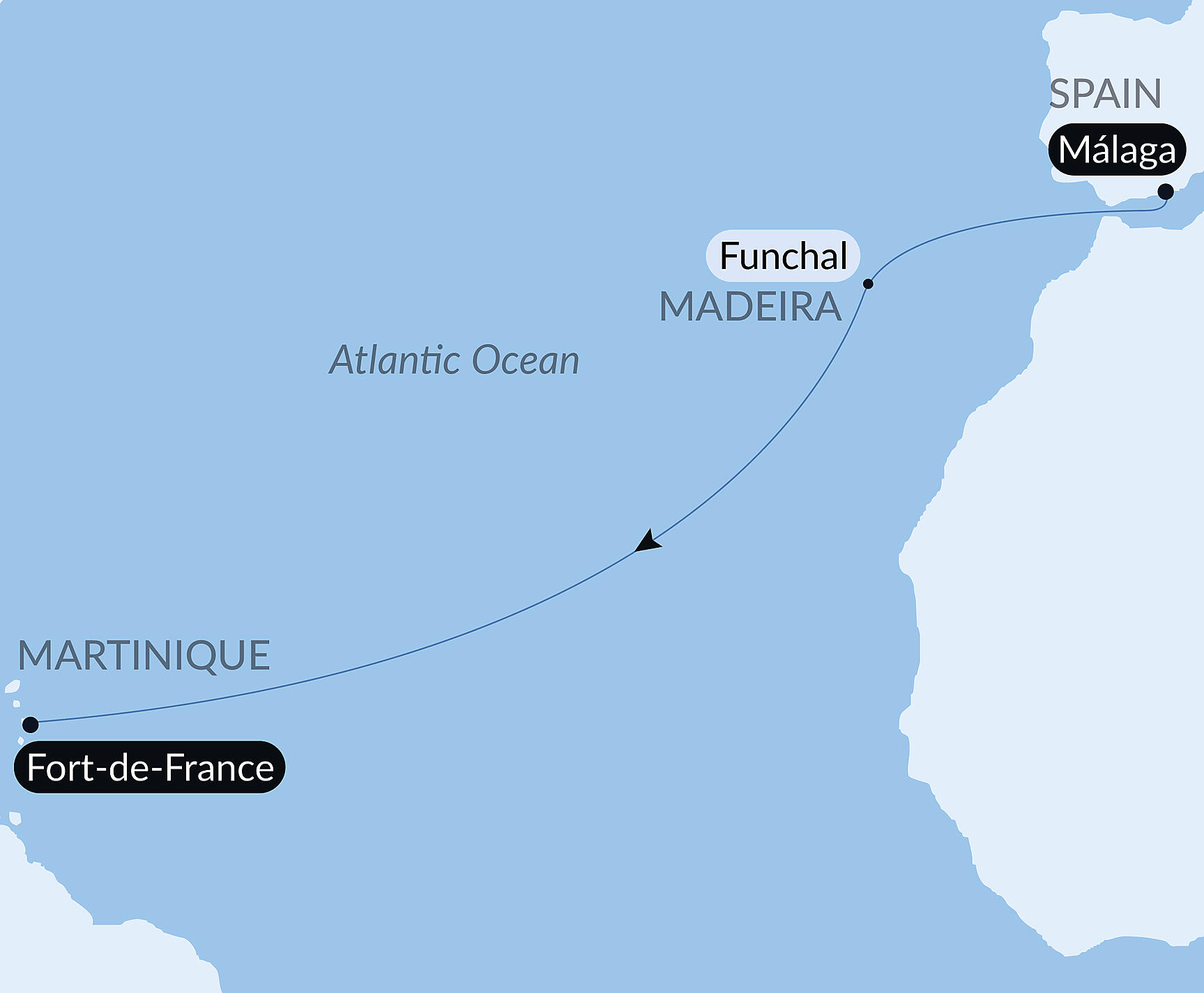 Official PONANT route map for Ocean Voyage: Malaga - Fort de France aboard Le Bougainville, Voyage EG081127