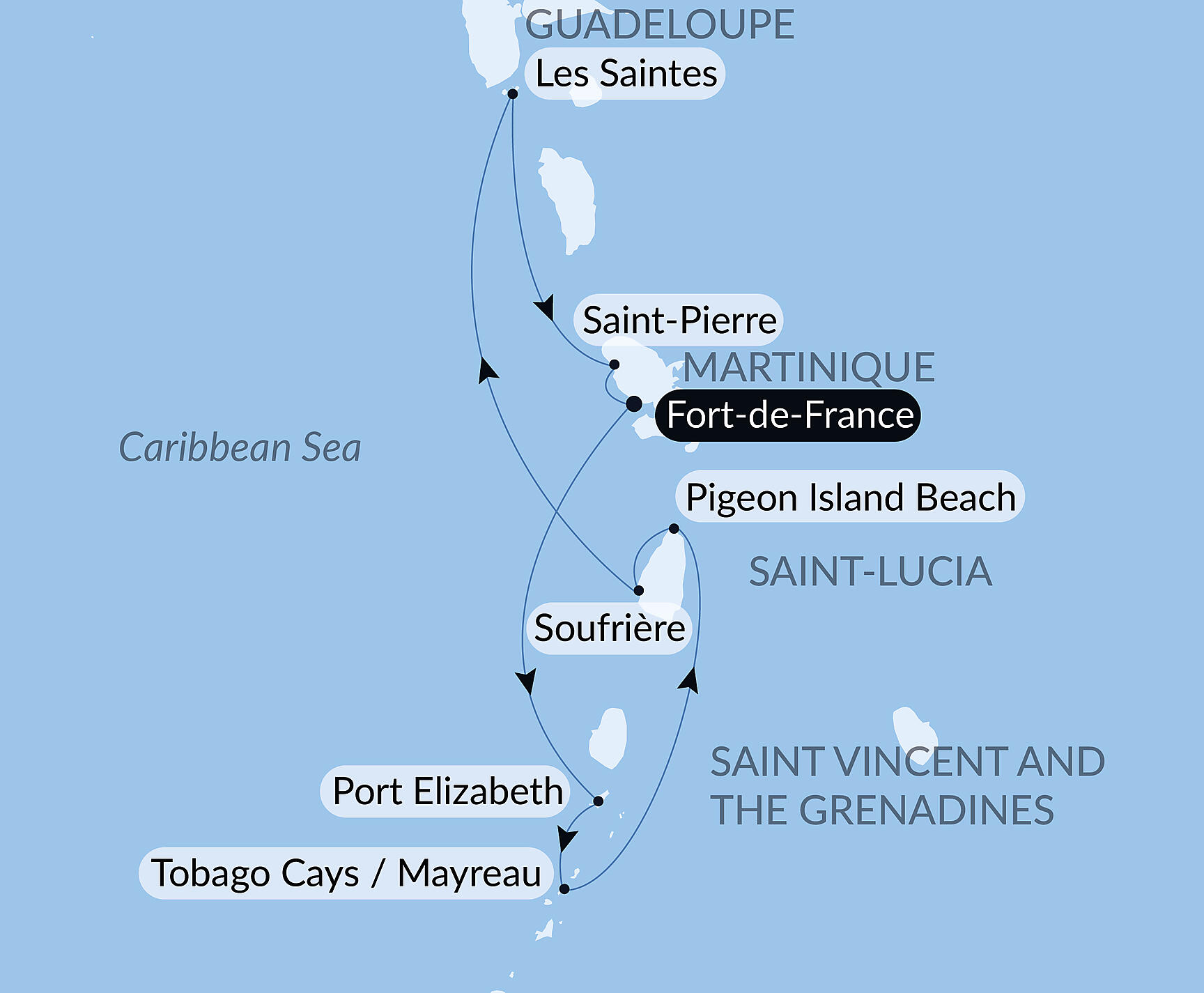 Official PONANT route map for Pearls of the Caribbean aboard Le Champlain, Voyage EC160228