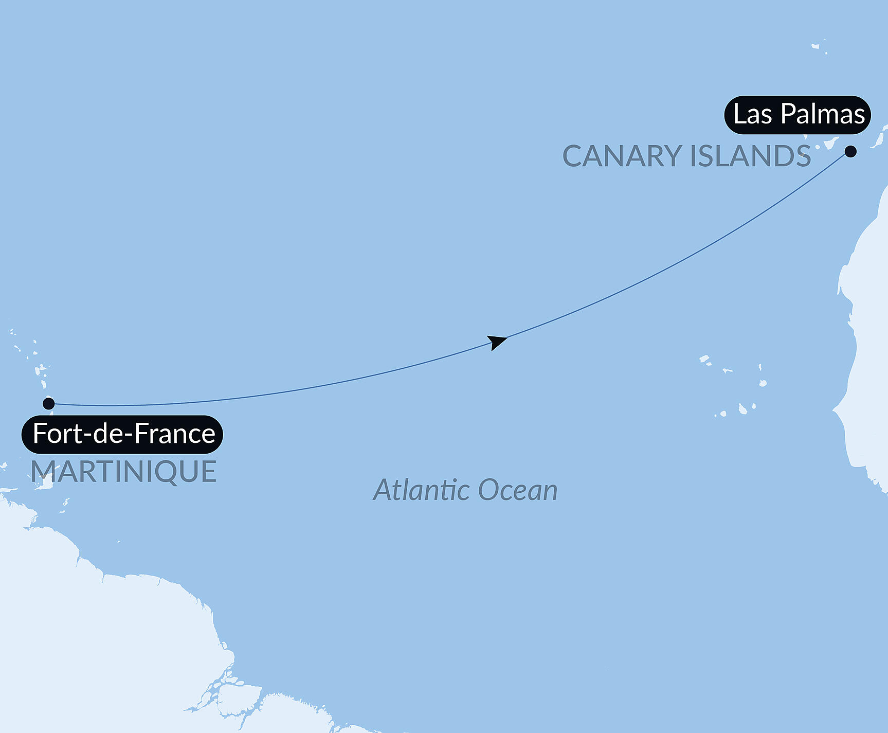 Official PONANT route map for Ocean Voyage: Las Palmas - Fort de France aboard Le Champlain, Voyage EC211127