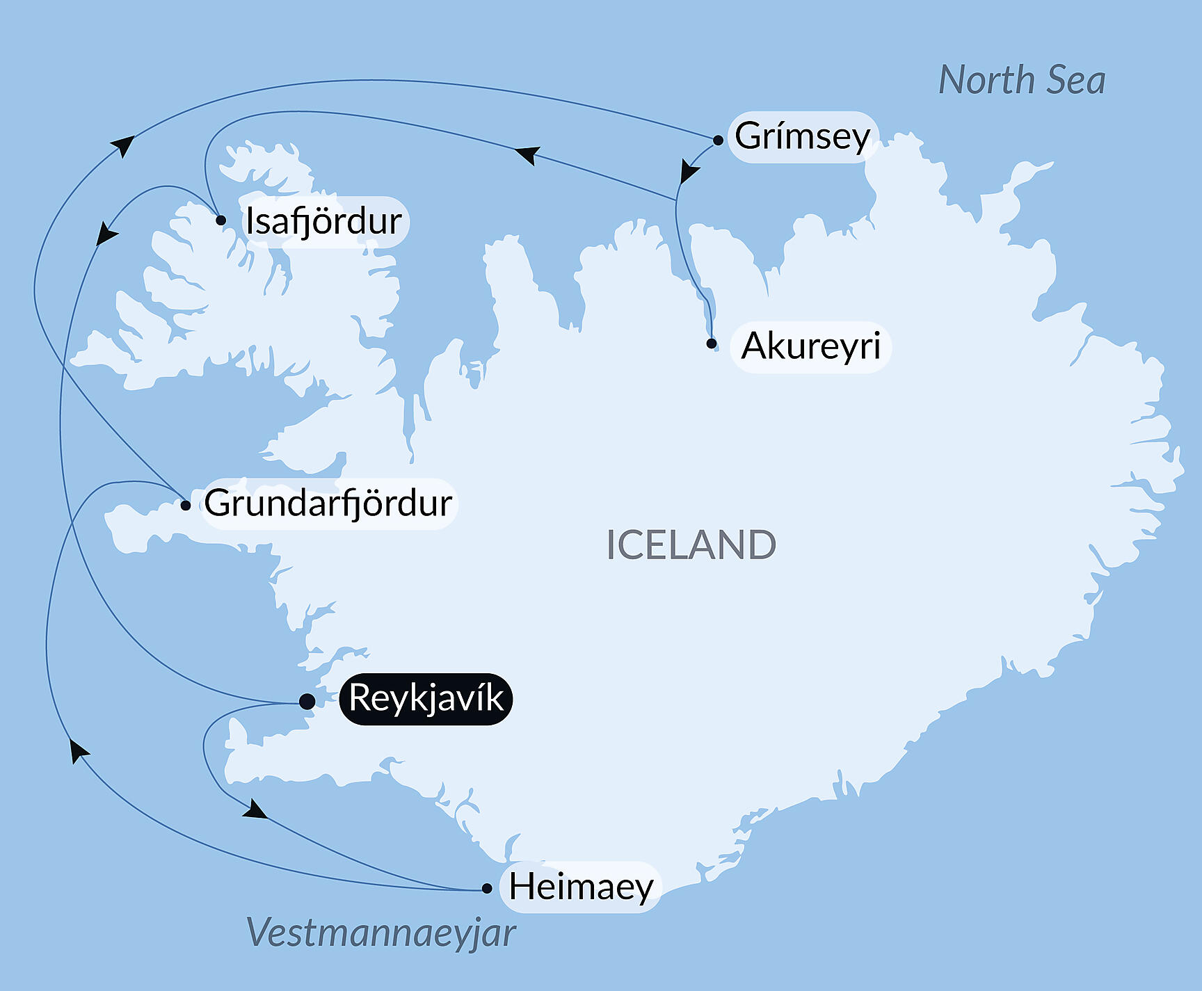 Official PONANT route map for Icelandic mosaic aboard Le Boréal, Voyage BO140728