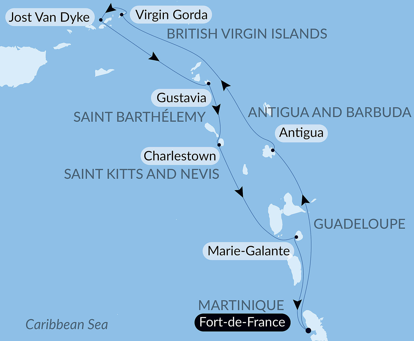 Official PONANT route map for Wonders of the Caribbean aboard Le Champlain, Voyage EC221227