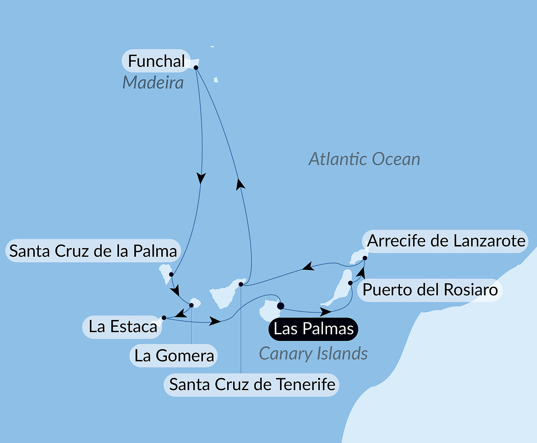 Official PONANT route map for Splendours of the Canaries and authentic Madeira aboard Le Champlain, Voyage EC011127