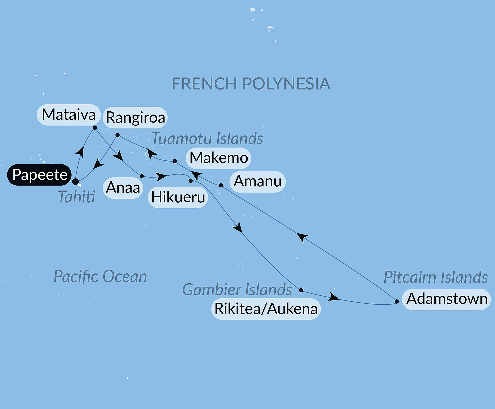 Official PONANT route map for From Confidential French Polynesia to Pitcairn Island aboard Le Jacques Cartier, Voyage EX121227