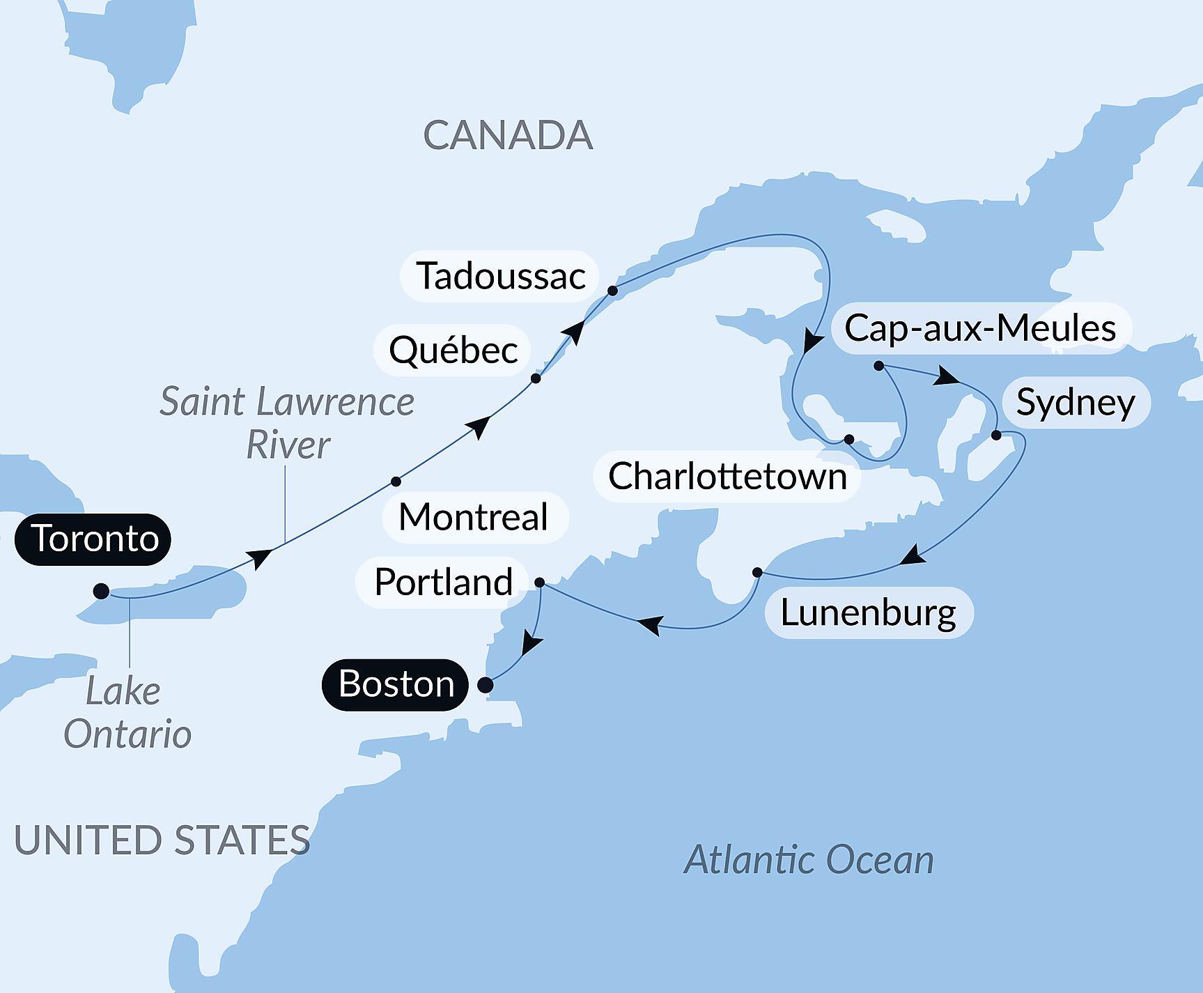 Official PONANT route map for Fall Foliage on the St. Lawrence: Québec to the Canadian Maritimes – with Smithsonian Journeys aboard Le Bellot, Voyage EE240926