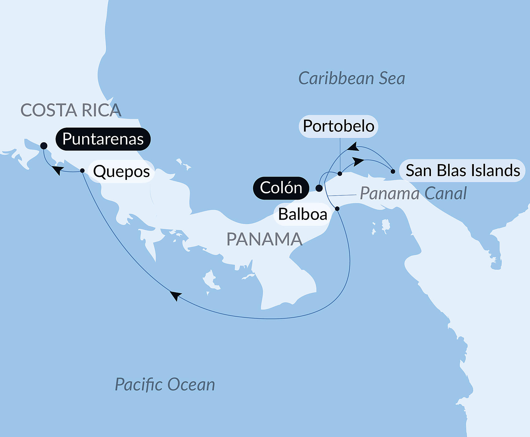 Official PONANT route map for Panama and Costa Rica by Sea: The Natural Wonders of Central America – with Smithsonian Journeys aboard Le Bougainville, Voyage EG120128