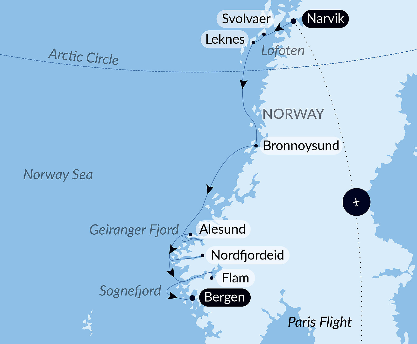 Official PONANT route map for Autumn Splendours: From Lofoten to the Norwegian Fjords aboard Le Commandant Charcot, Voyage CC011126