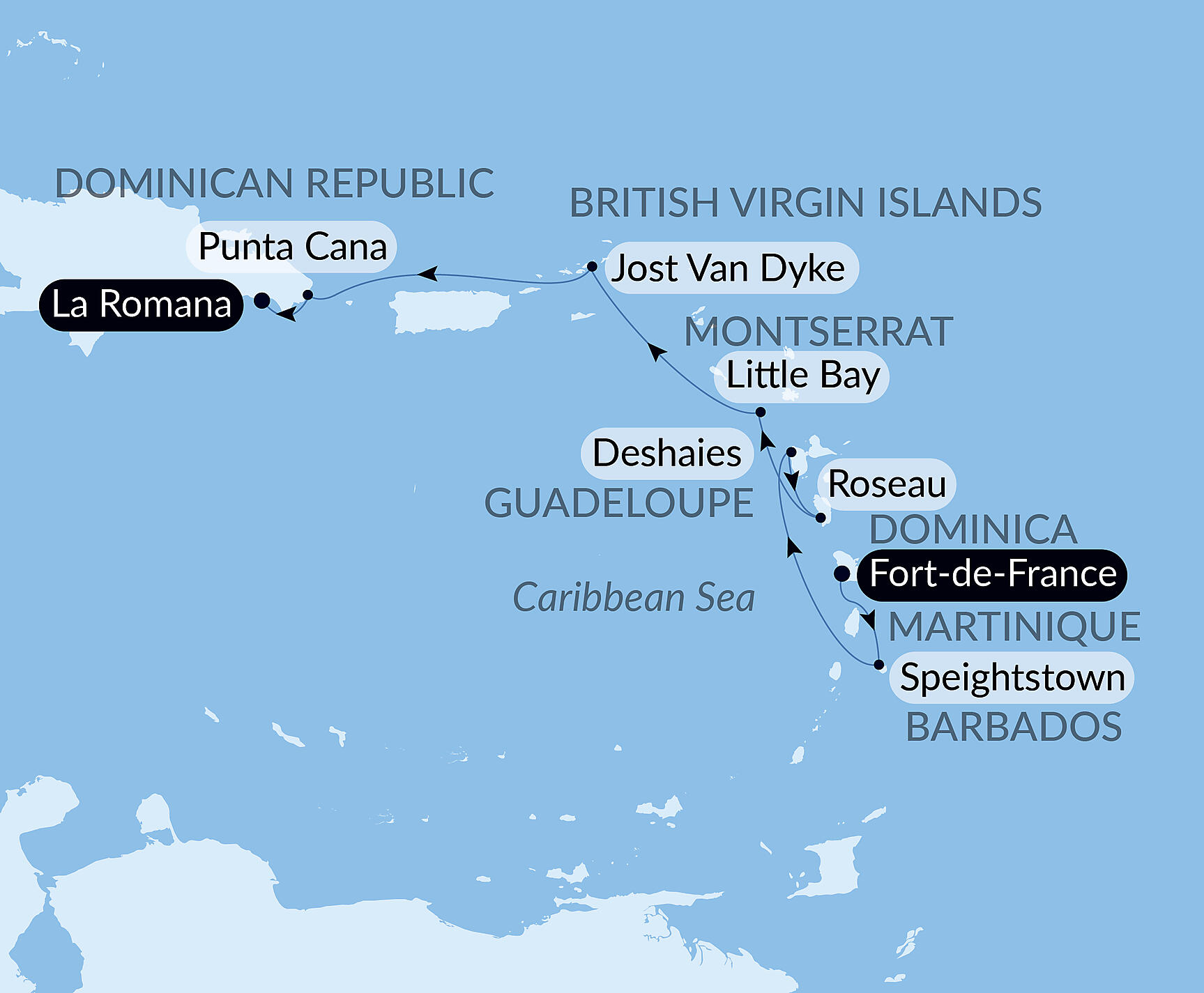Official PONANT route map for Secret treasures of the Lesser Antilles aboard Le Champlain, Voyage EC050128