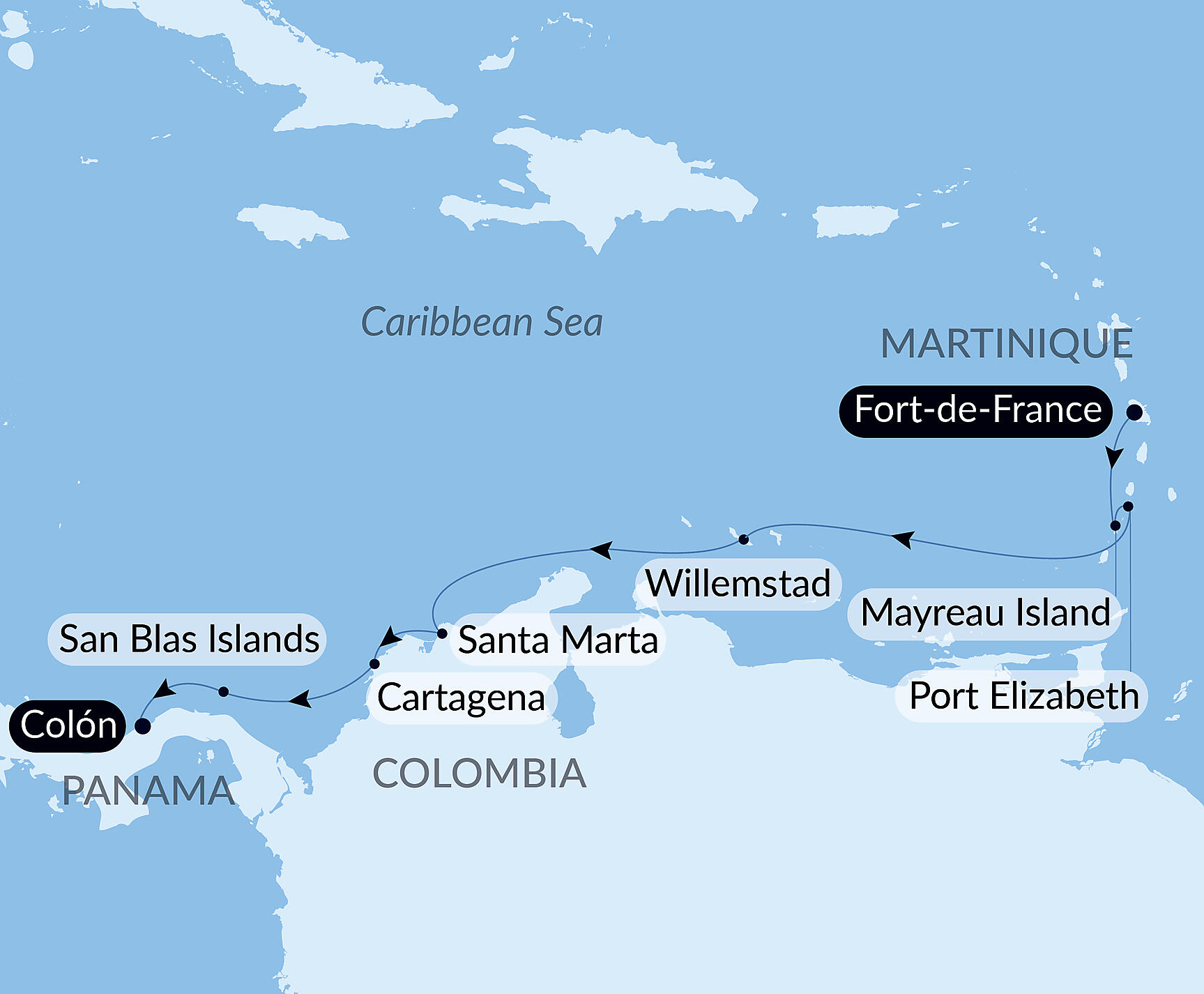 Official PONANT route map for Panama, Colombia & Caribbean Islands aboard Le Bellot, Voyage EE191127