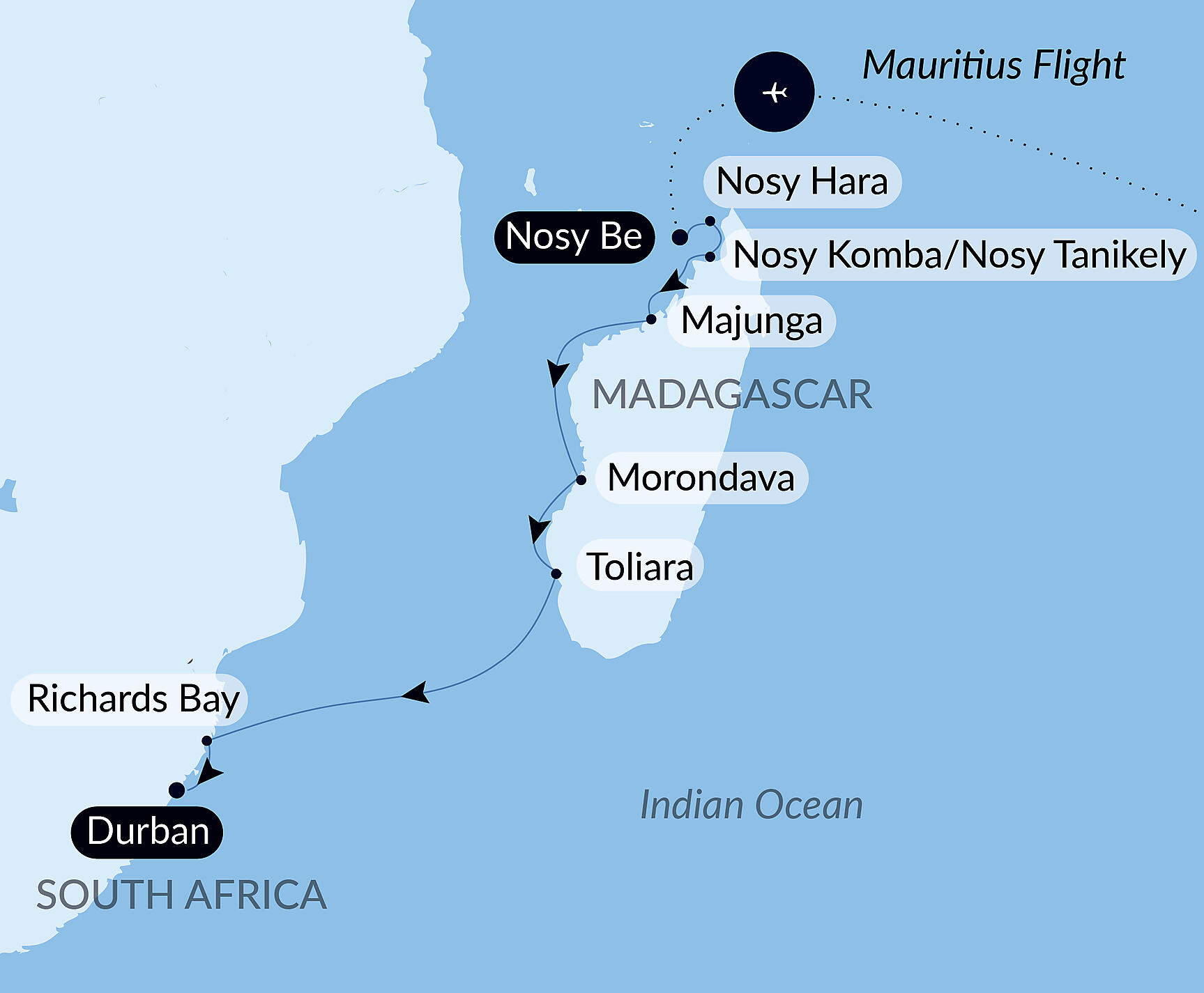 Official PONANT route map for Madagascar & South Africa aboard Le Dumont d'Urville, Voyage EU200228