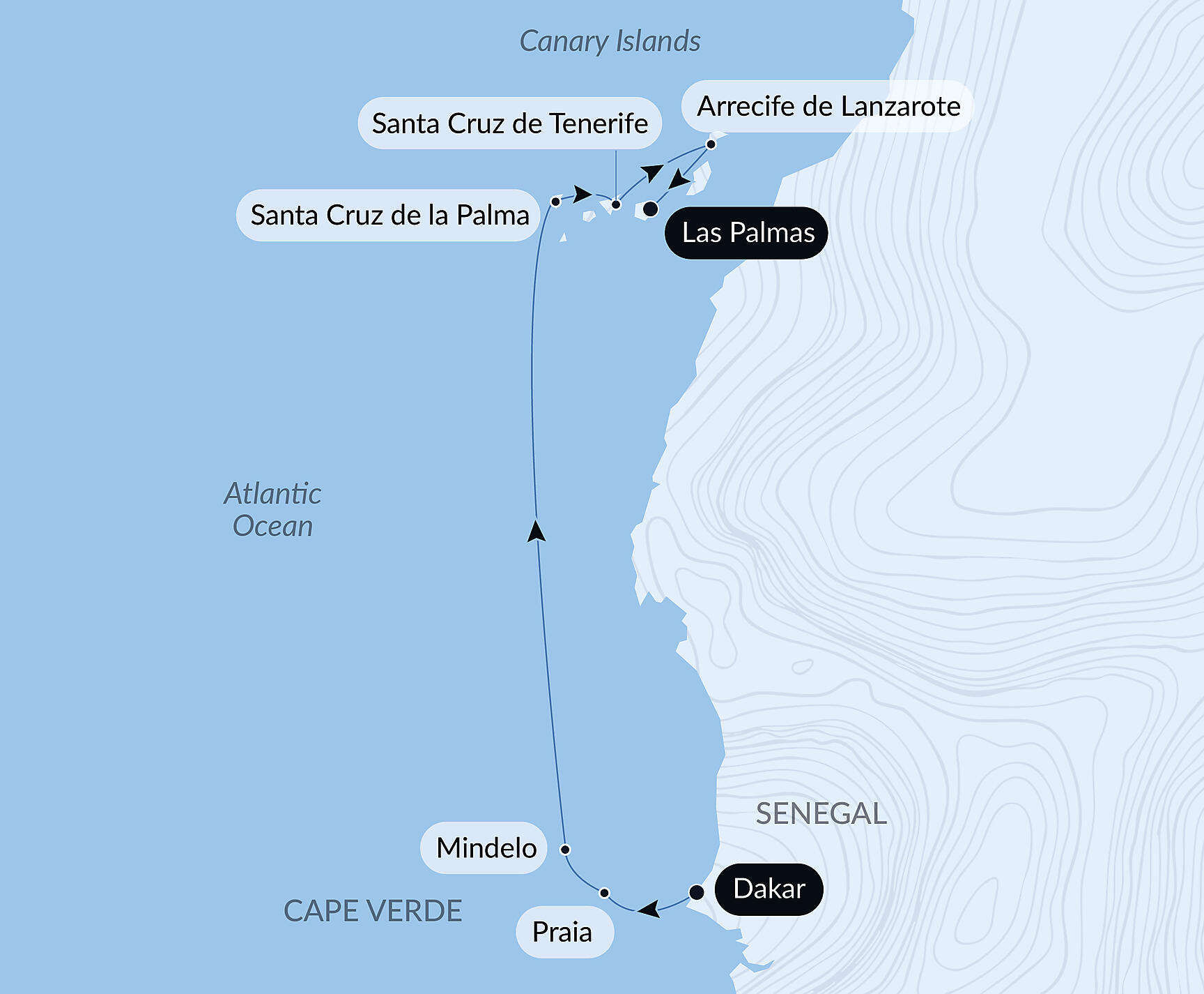 Official PONANT route map for Volcanic landscapes from Cape Verde to Canary Islands aboard Le Dumont d'Urville, Voyage EU240328