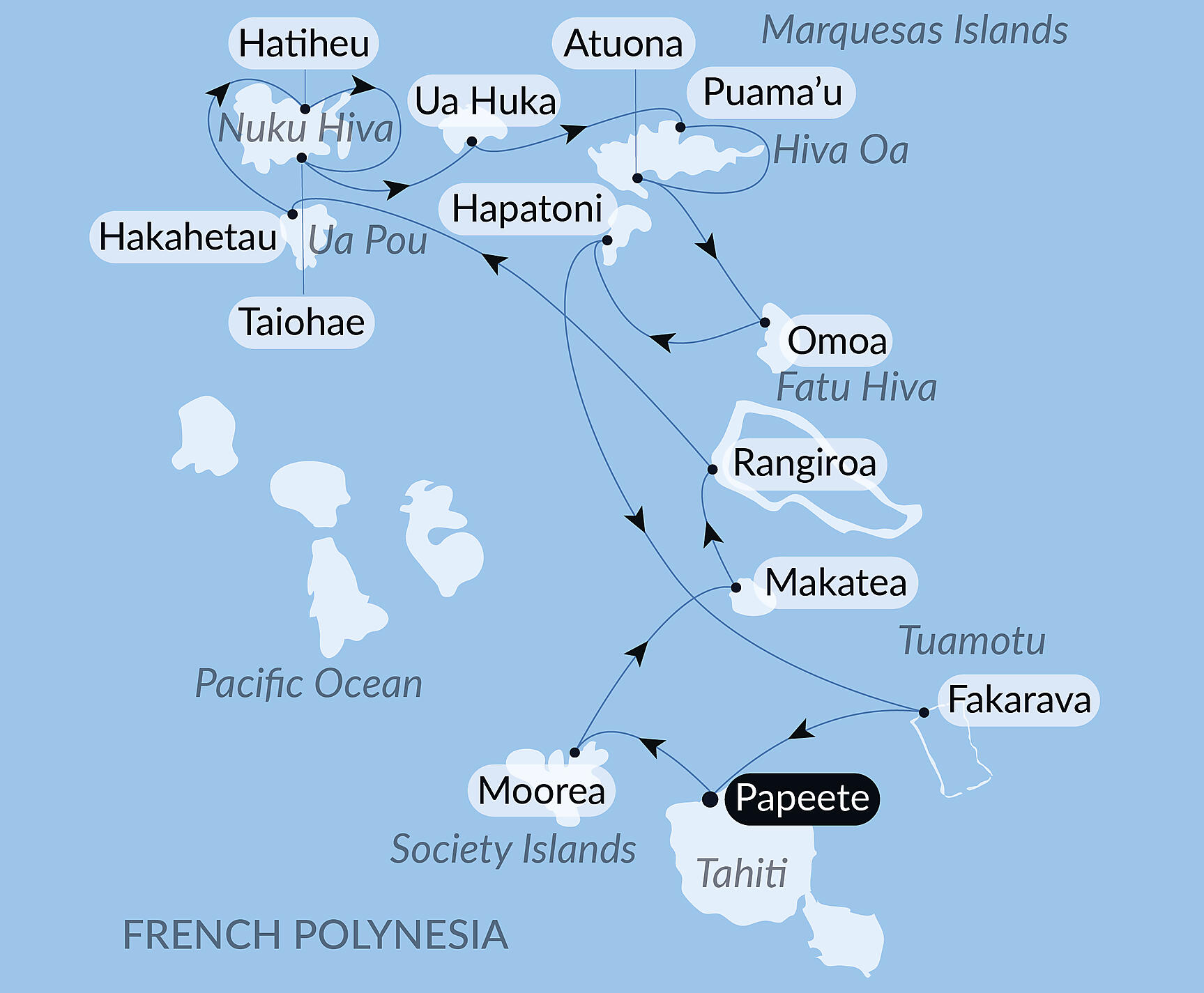 Official PONANT route map for Polynesian Bliss: Marquesas and Tuamotu aboard Le Jacques Cartier, Voyage EX281127