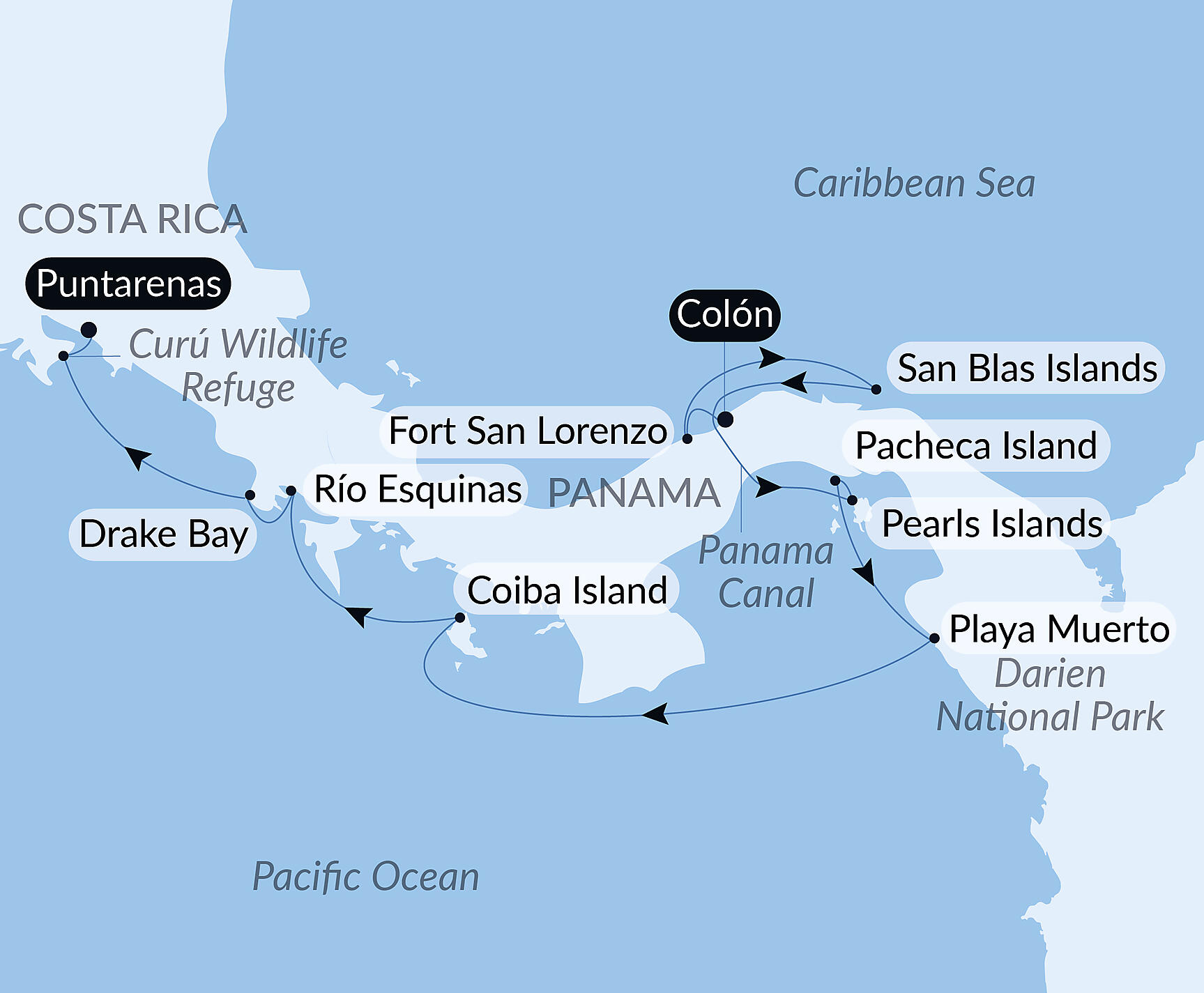 Official PONANT route map for Secrets of Central America aboard Le Bellot, Voyage EE281127