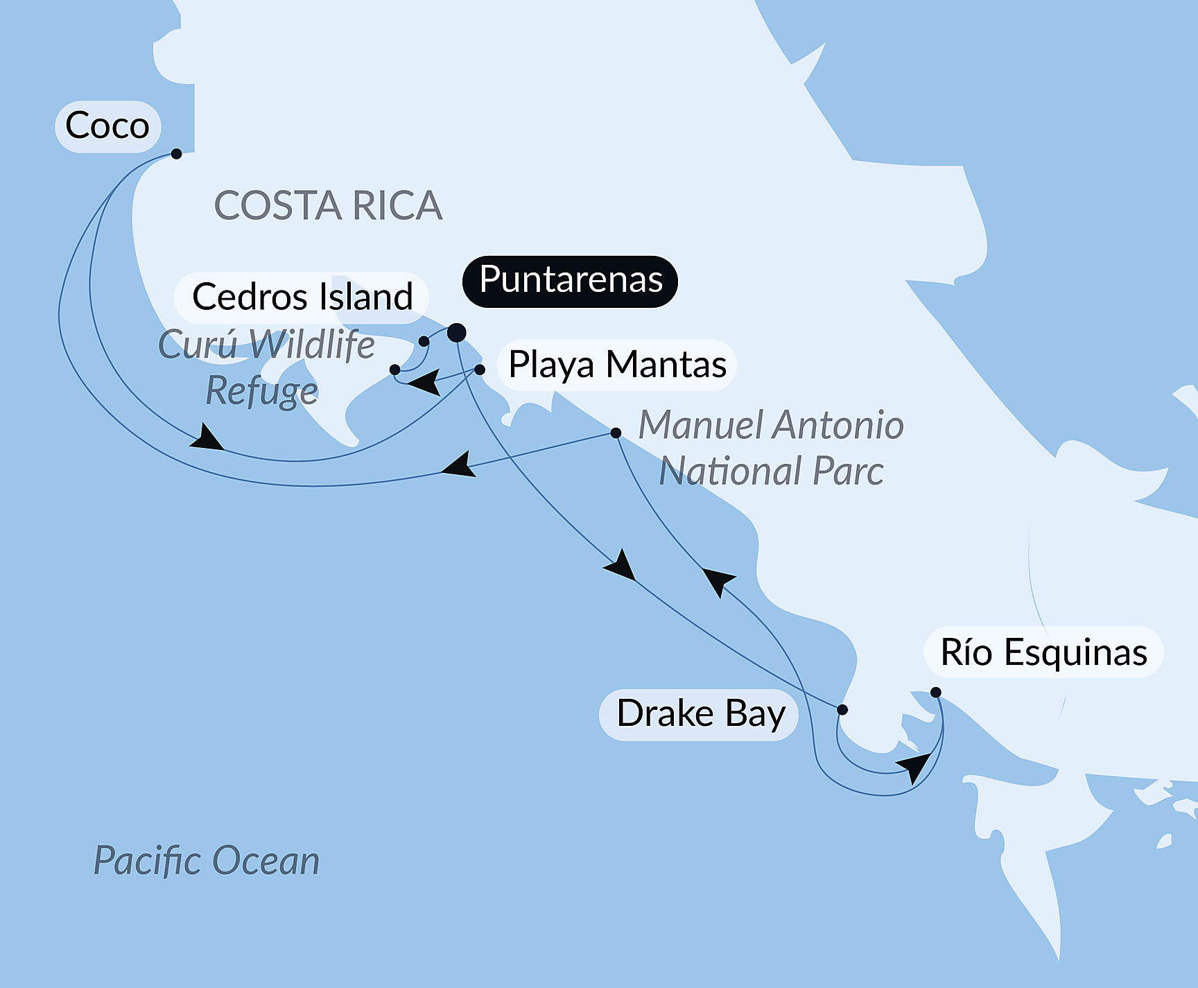 Official PONANT route map for Pacific Coast of Costa Rica aboard Le Bellot, Voyage EE081227