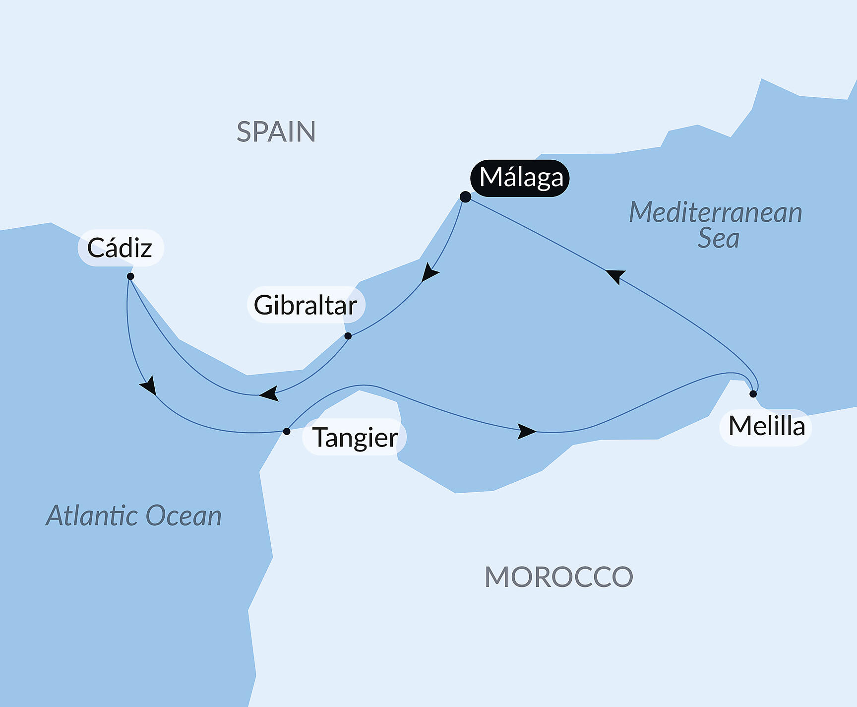 Official PONANT route map for Andalusia and Moroccan shores aboard Le Bougainville, Voyage EG101126