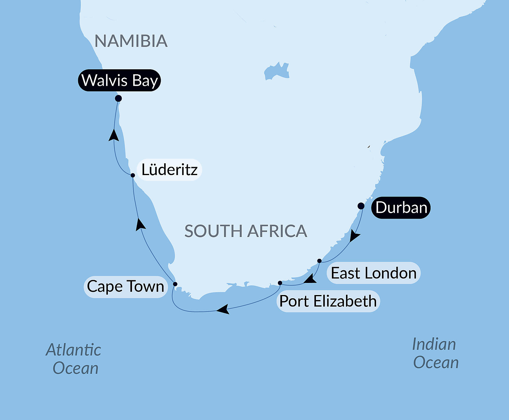 Official PONANT route map for South Africa and Namibia by Sea: Around the Cape of Good Hope – with Smithsonian Journeys aboard Le Dumont d'Urville, Voyage EU020328