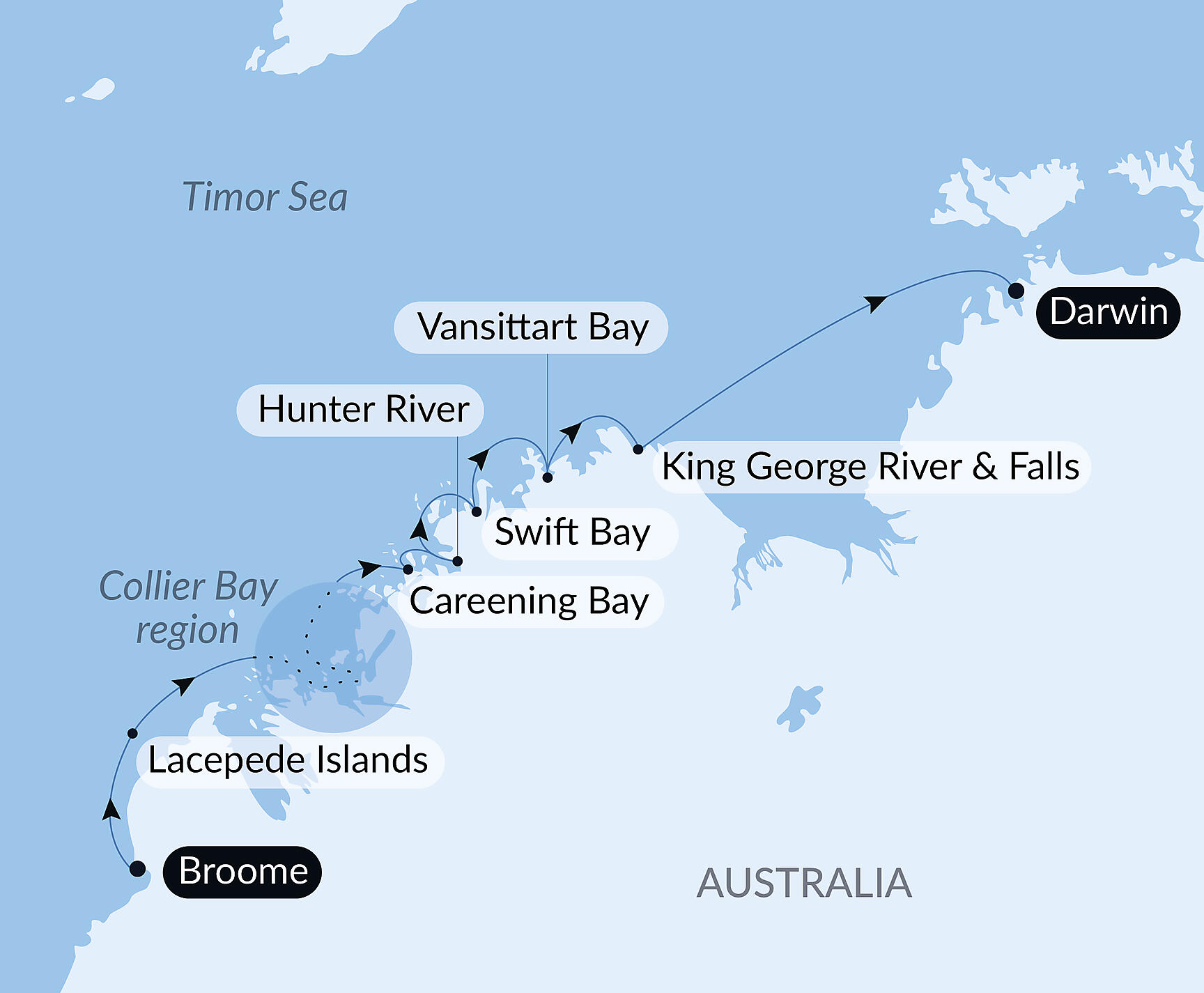 Official PONANT route map for Australia's Iconic Kimberley aboard Le Soléal, Voyage SO050828
