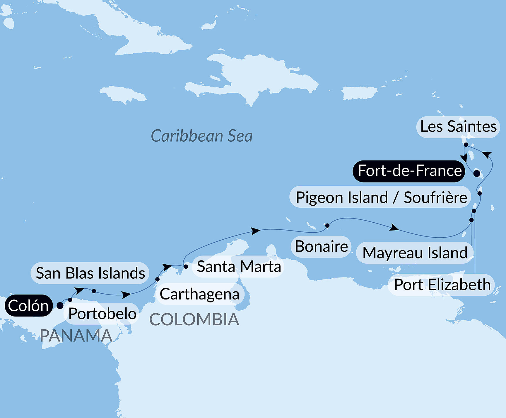 Official PONANT route map for Panama, Colombia & Caribbean Islands aboard Le Bellot, Voyage EE110428