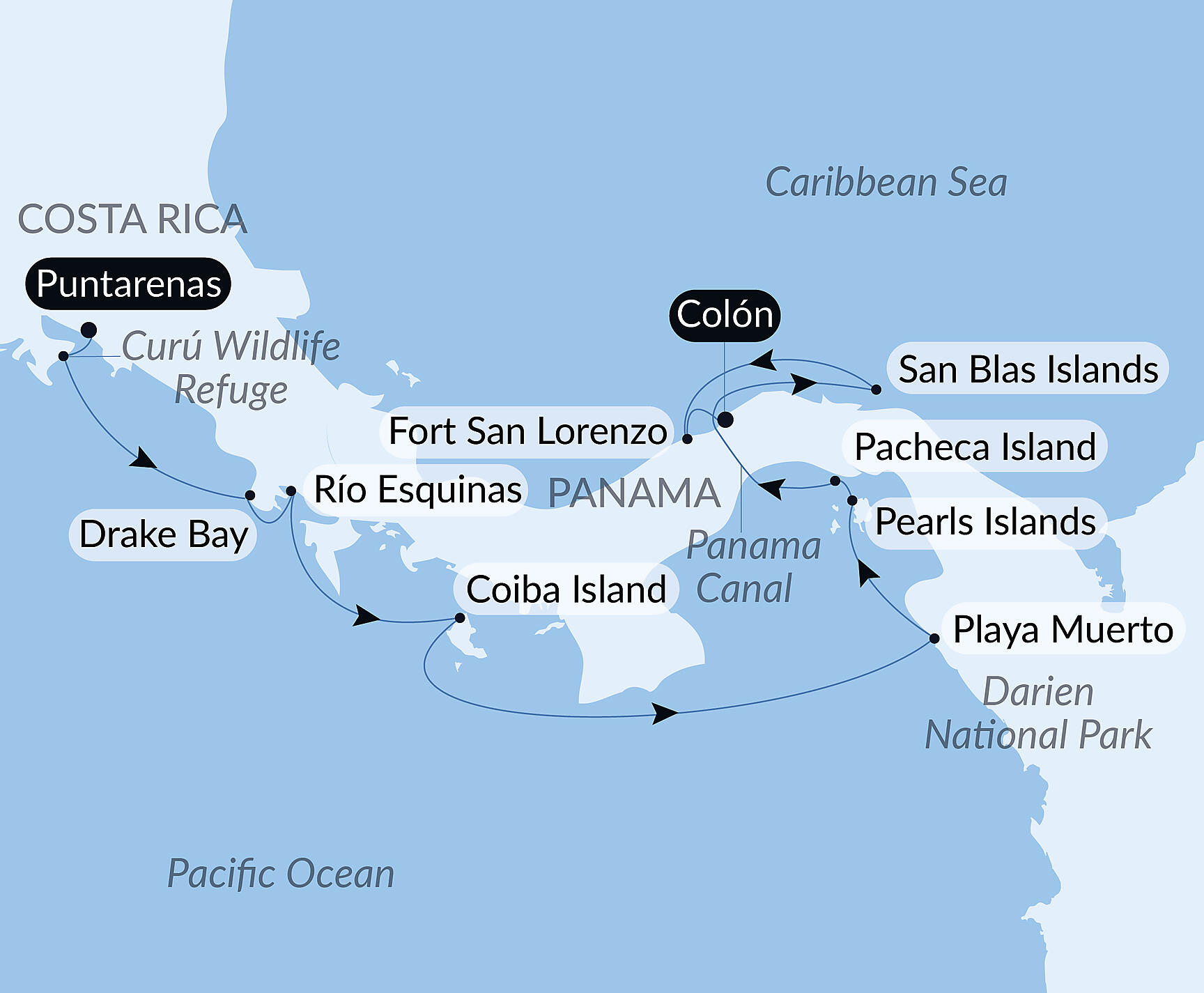 Official PONANT route map for Secrets of Central America aboard Le Bellot, Voyage EE151227