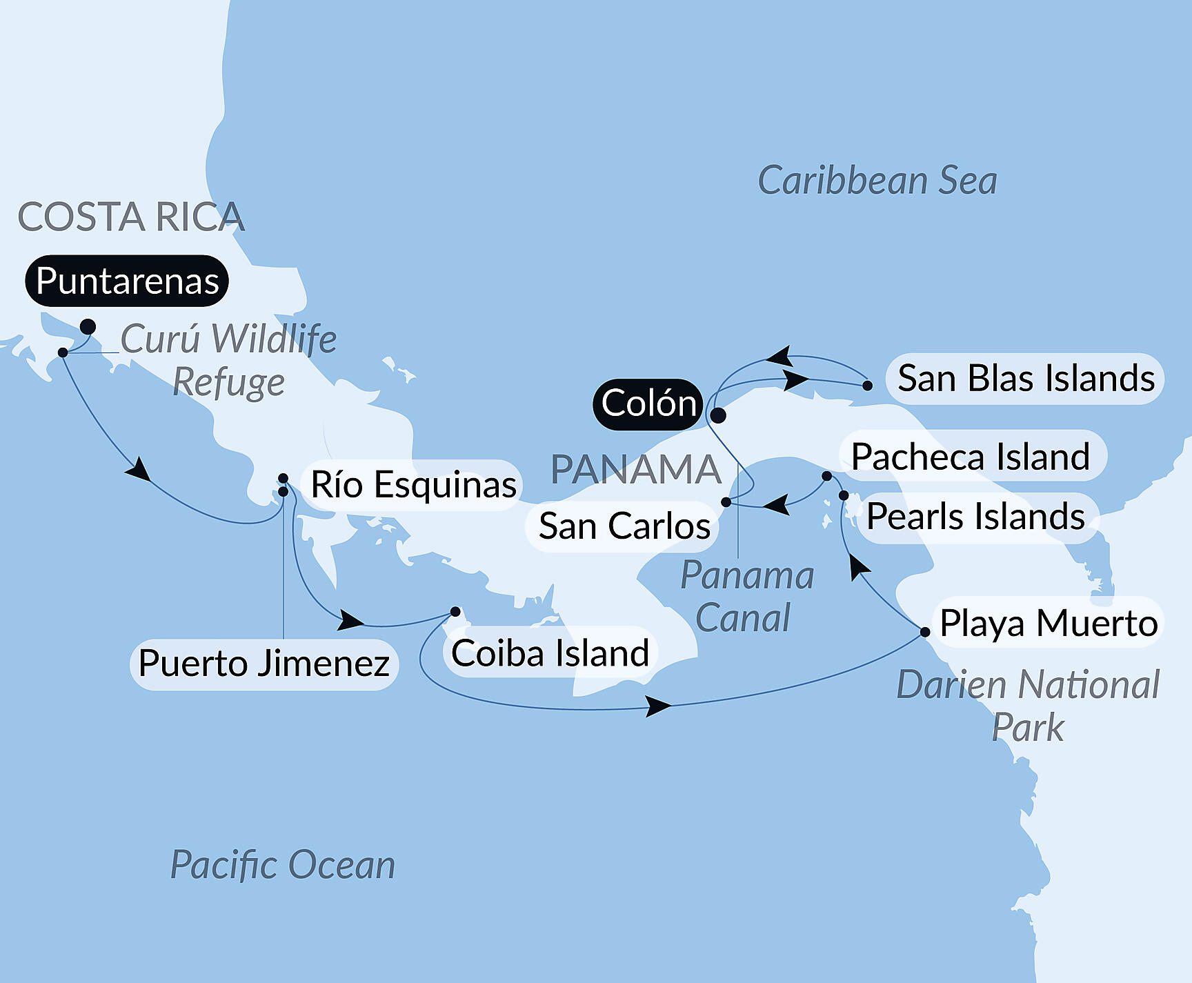 Official PONANT route map for Secrets of Central America aboard Le Bougainville, Voyage EG230228