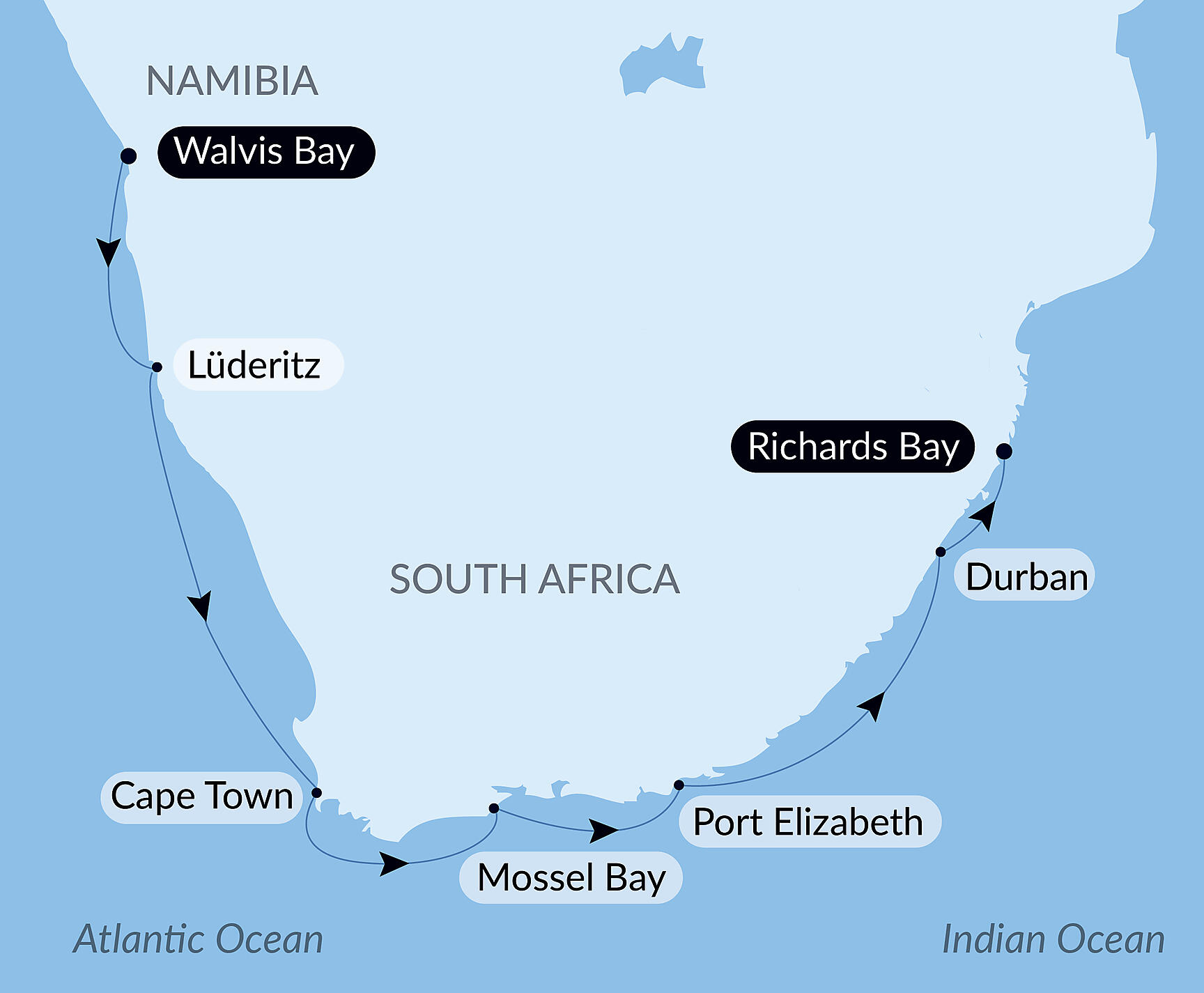 Official PONANT route map for Namibian & South African Coastlines aboard Le Dumont d'Urville, Voyage EU161227