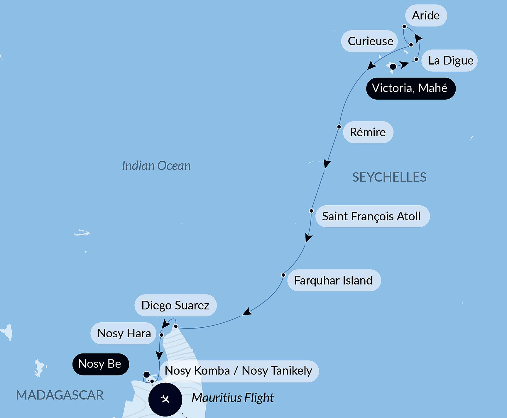 Official PONANT route map for Madagascar and Seychelles: Natural Treasures of the Indian Ocean – with Smithsonian Journeys aboard Le Dumont d'Urville, Voyage EU310127