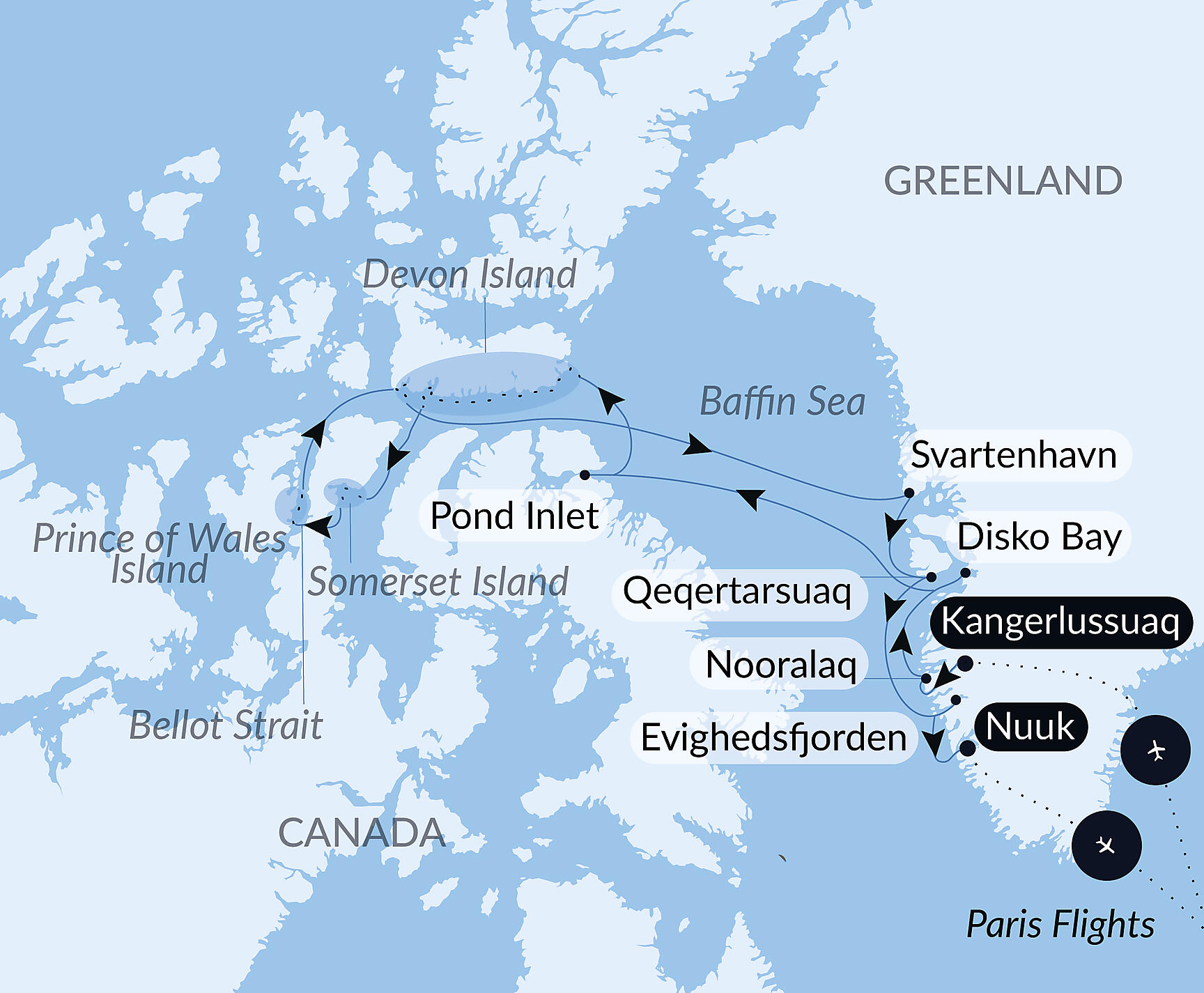 Official PONANT route map for In the heart of the Northwest Passage aboard L'Austral, Voyage AU280827