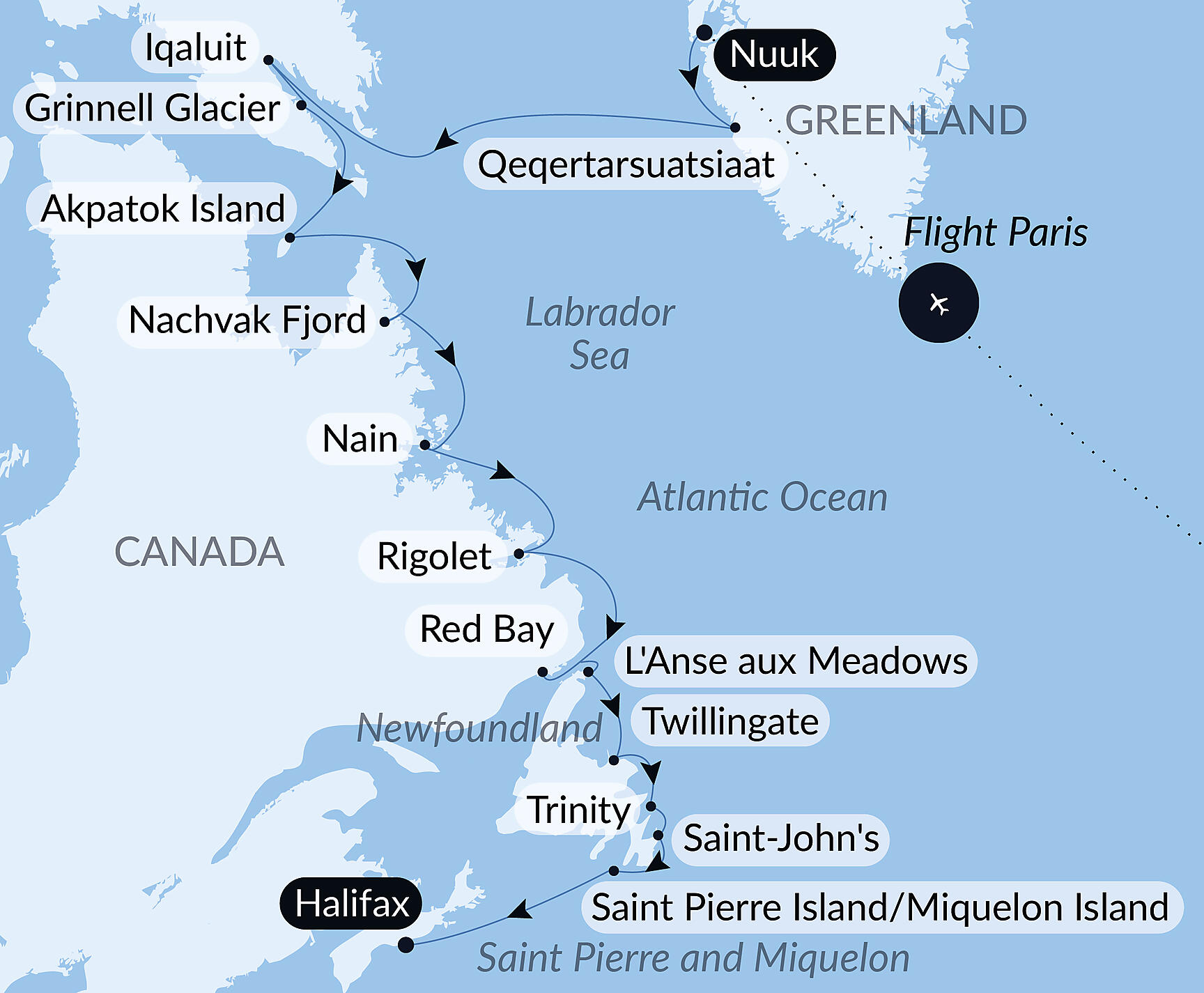 Official PONANT route map for Wilderness from Greenland to the East Coast of Canada aboard L'Austral, Voyage AU160927