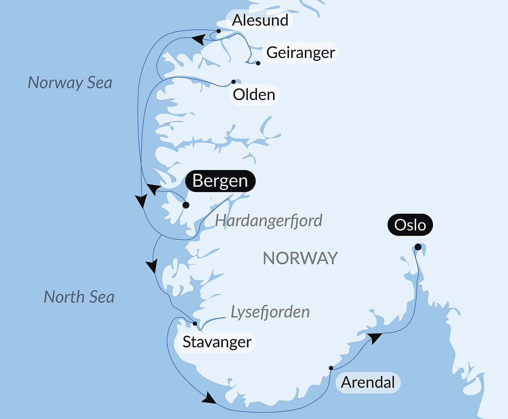 Official PONANT route map for Norwegian Fjords aboard Le Champlain, Voyage EC260528