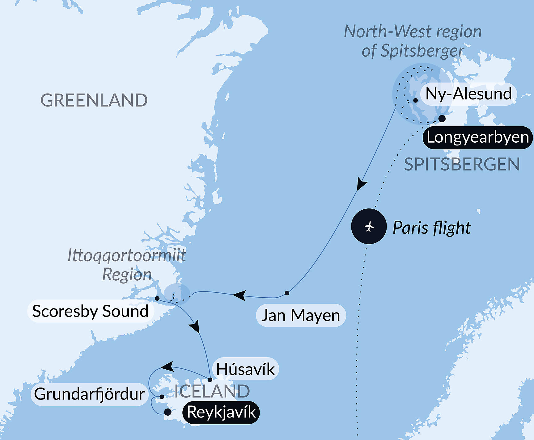 Official PONANT route map for From Svalbard to Iceland: A Polar Odyssey aboard Le Lyrial, Voyage LY040828