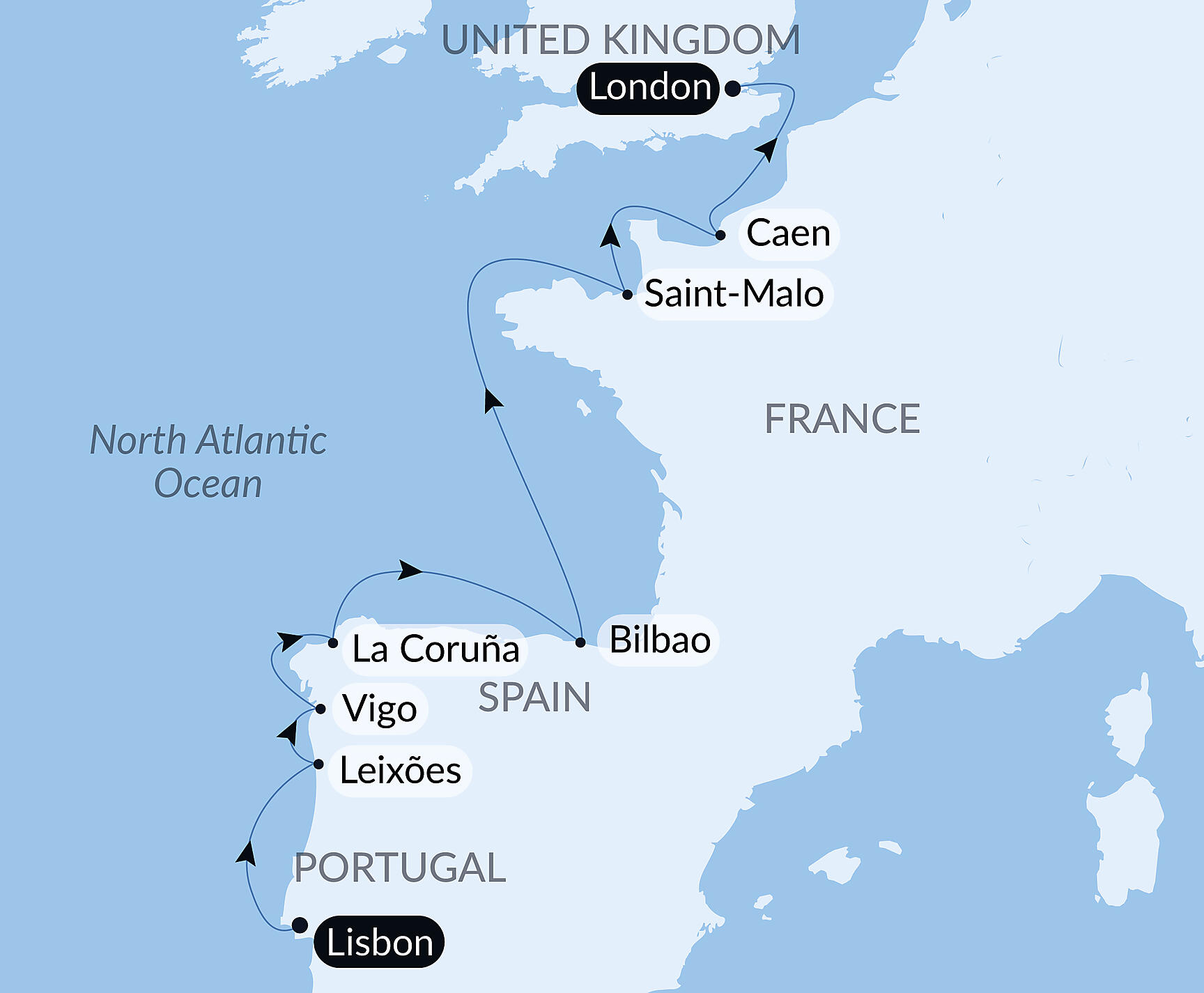 Official PONANT route map for Lisbon to London: Cruising Europe's Western Shores – with Smithsonian Journeys aboard Le Bellot, Voyage EE050528