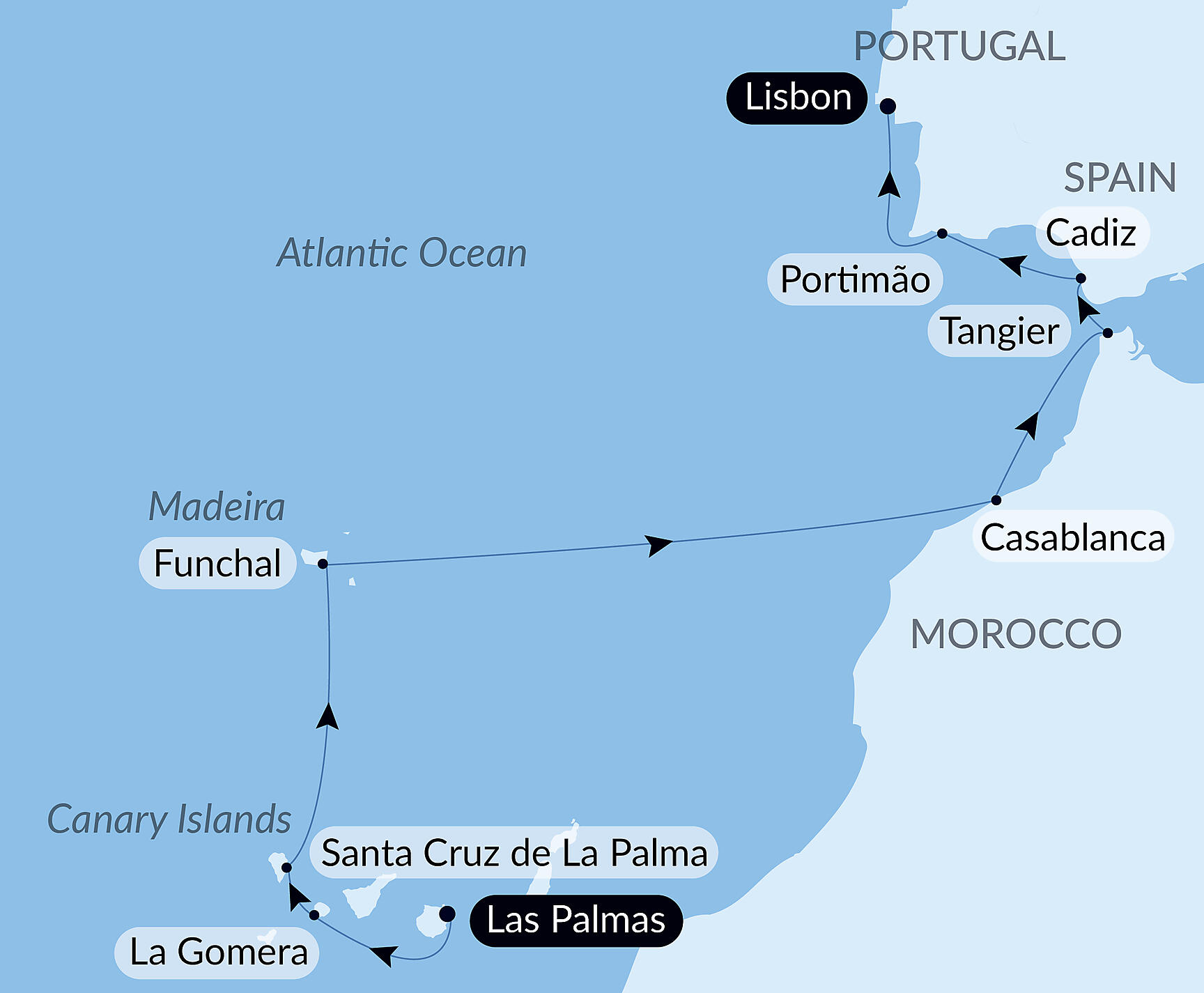 Official PONANT route map for Volcanic islands and historic cities of the North Atlantic aboard Le Boréal, Voyage BO030528