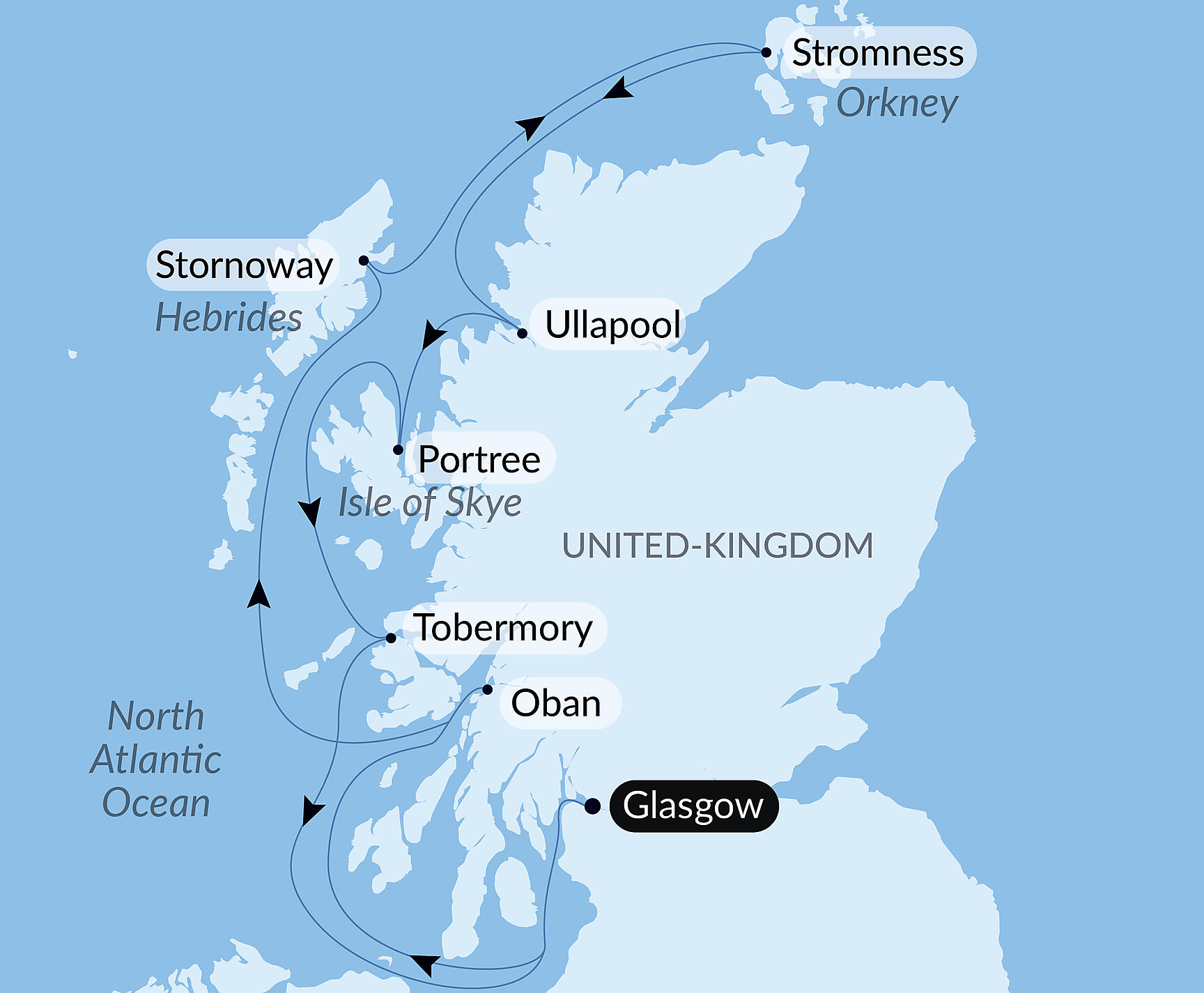 Official PONANT route map for Wild Scotland and mythical islands aboard Le Lapérouse, Voyage ER260428