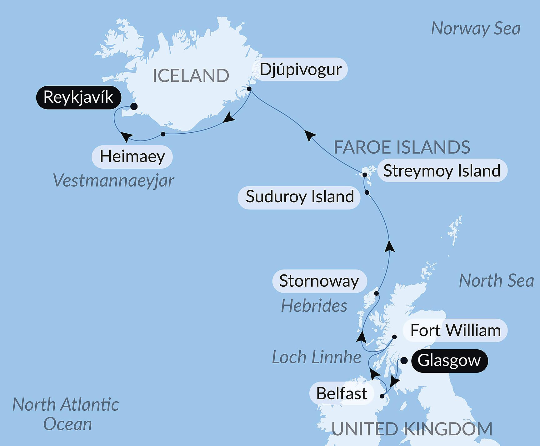 Official PONANT route map for Wild lands of Scotland, the Faroe Islands and Iceland aboard Le Bellot, Voyage EE220528