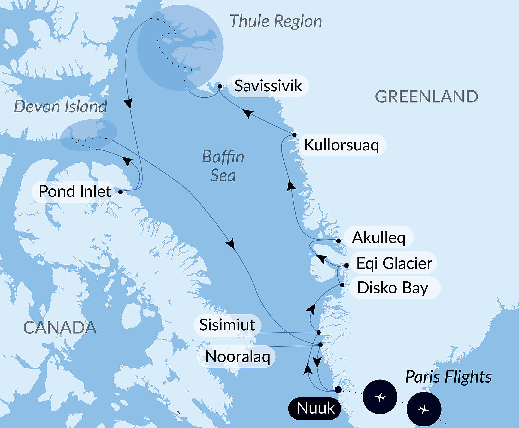 Official PONANT route map for Expedition to the Thule Region aboard L'Austral, Voyage AU150826