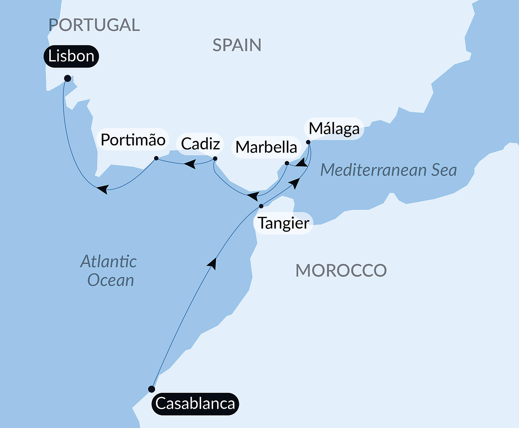 Official PONANT route map for Cruising from Morocco to Spain’s Andalusian Coast – with Smithsonian Journeys aboard Le Champlain, Voyage EC030428
