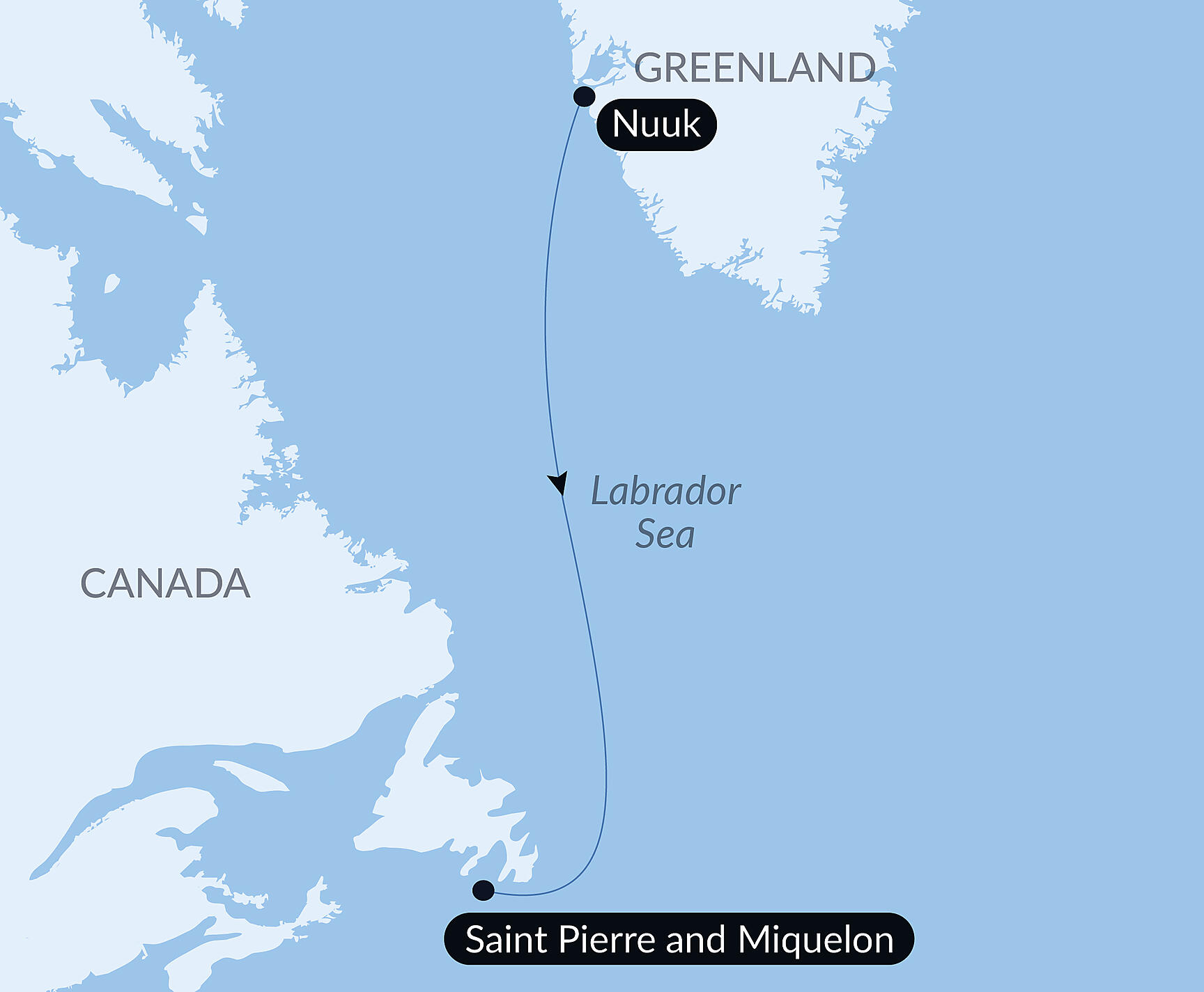 Official PONANT route map for Ocean Voyage : Nuuk - Saint-Pierre & Miquelon aboard Le Lyrial, Voyage LY060928