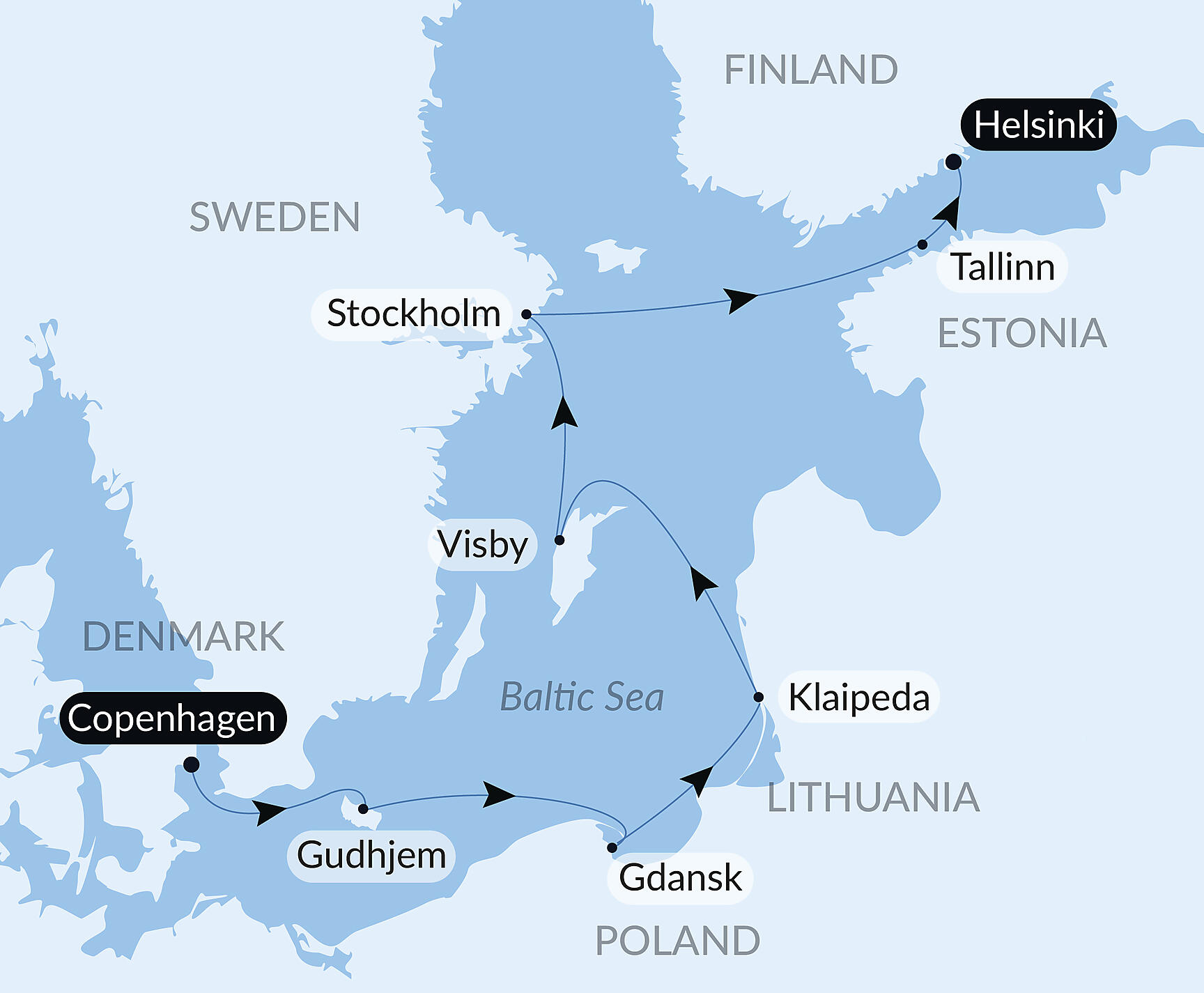 Official PONANT route map for Cruising the Historic Cities of the Baltic Sea – with Smithsonian Journeys aboard Le Lapérouse, Voyage ER220628