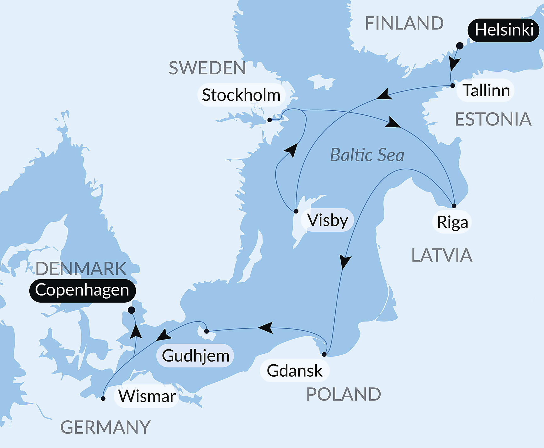 Official PONANT route map for Baltic shores and Hanseatic cities aboard Le Lapérouse, Voyage ER300628