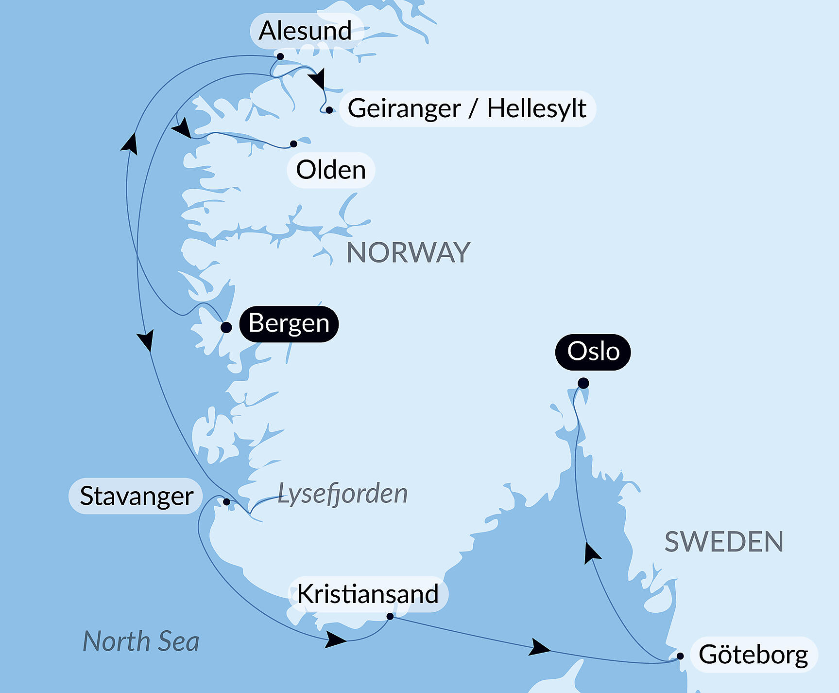 Official PONANT route map for Cruising the Norwegian Fjords – with Smithsonian Journeys aboard Le Lapérouse, Voyage ER120828